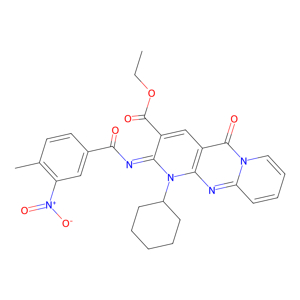 ethyl (6Z)-7-cyclohexyl-6-[(4-methyl-3-nitrobenzoyl)imino]-2-oxo-1,7,9-triazatricyclo[8.4.0.0^{3,8}]tetradeca-3(8),4,9,11,13-pentaene-5-carboxylate molecular structure, CAS 534579-48-1