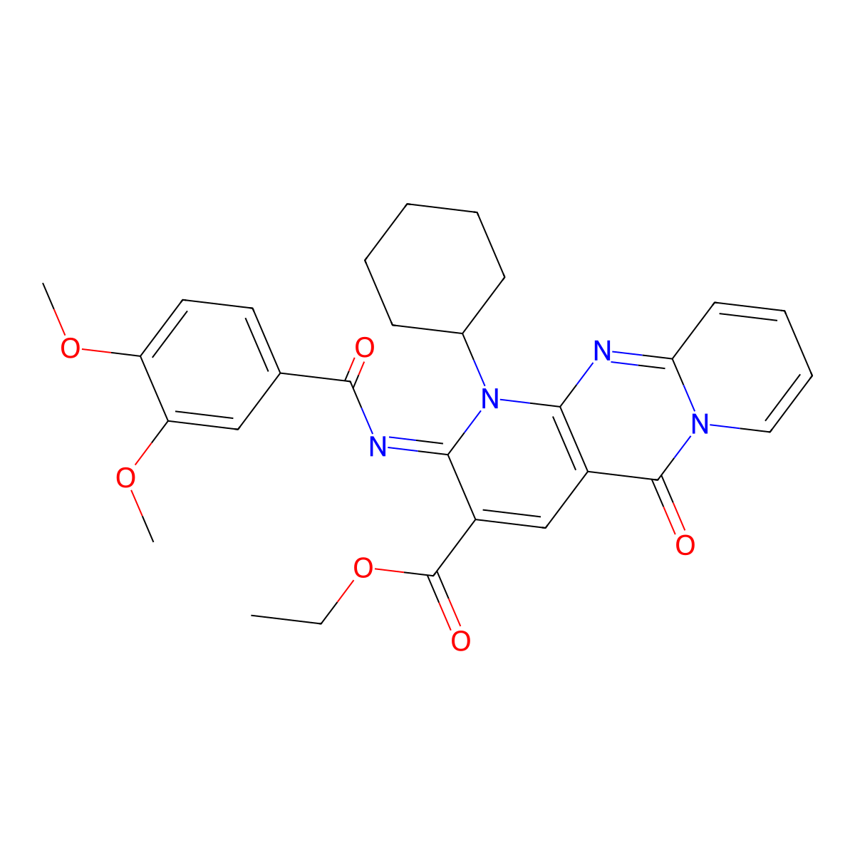 (Z)-ethyl 1-cyclohexyl-2-((3,4-dimethoxybenzoyl)imino)-5-oxo-2,5-dihydro-1H-dipyrido[1,2-a:2',3'-d]pyrimidine-3-carboxylate molecular structure, CAS 534579-51-6