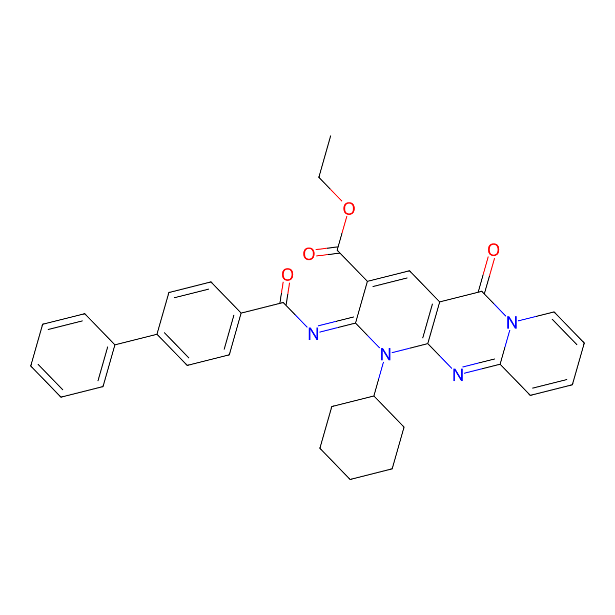 (Z)-ethyl 2-(([1,1'-biphenyl]-4-carbonyl)imino)-1-cyclohexyl-5-oxo-2,5-dihydro-1H-dipyrido[1,2-a:2',3'-d]pyrimidine-3-carboxylate molecular structure, CAS 534579-56-1