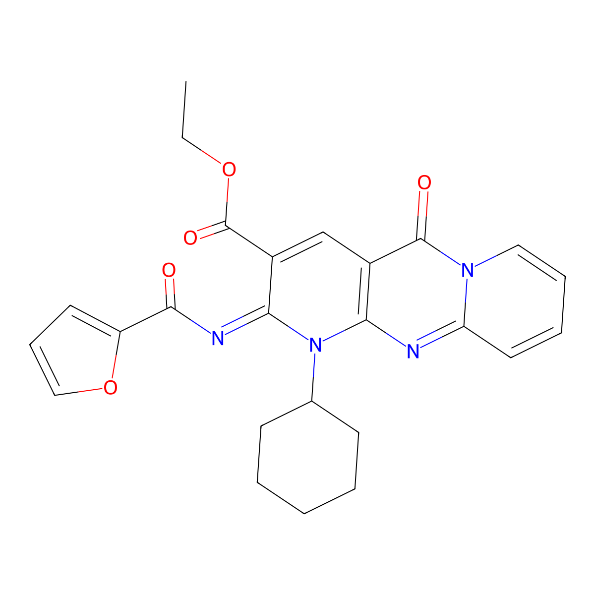 (Z)-ethyl 1-cyclohexyl-2-((furan-2-carbonyl)imino)-5-oxo-2,5-dihydro-1H-dipyrido[1,2-a:2',3'-d]pyrimidine-3-carboxylate molecular structure, CAS 534579-58-3