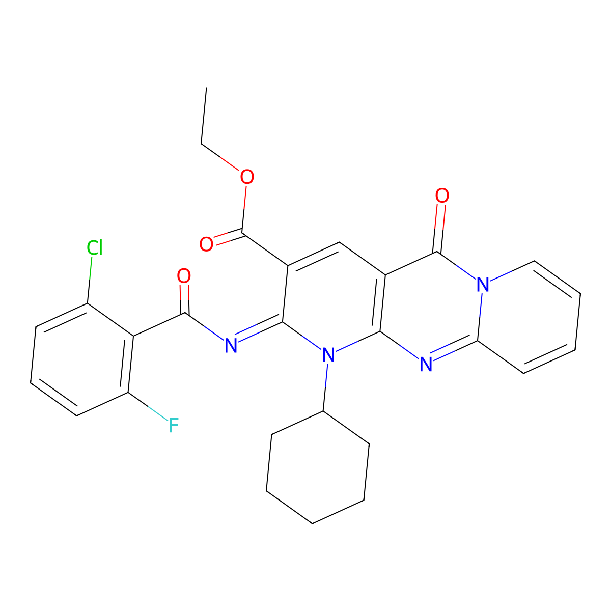 (Z)-ethyl 2-((2-chloro-6-fluorobenzoyl)imino)-1-cyclohexyl-5-oxo-2,5-dihydro-1H-dipyrido[1,2-a:2',3'-d]pyrimidine-3-carboxylate molecular structure, CAS 534579-66-3