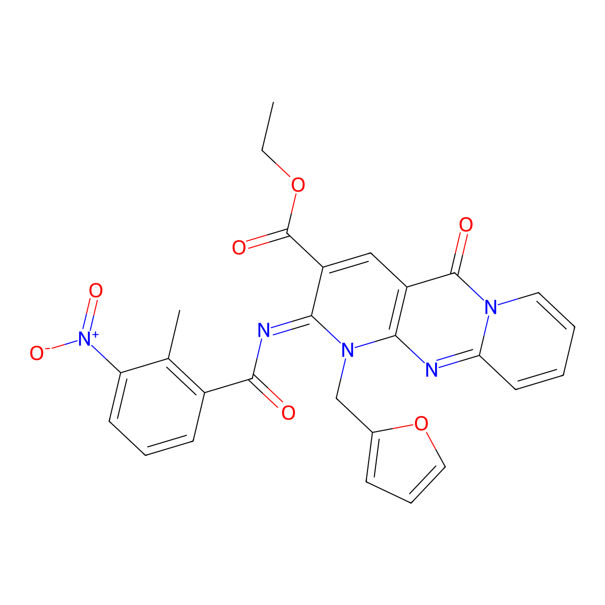 (Z)-ethyl 1-(furan-2-ylmethyl)-2-((2-methyl-3-nitrobenzoyl)imino)-5-oxo-2,5-dihydro-1H-dipyrido[1,2-a:2',3'-d]pyrimidine-3-carboxylate molecular structure, CAS 534580-16-0
