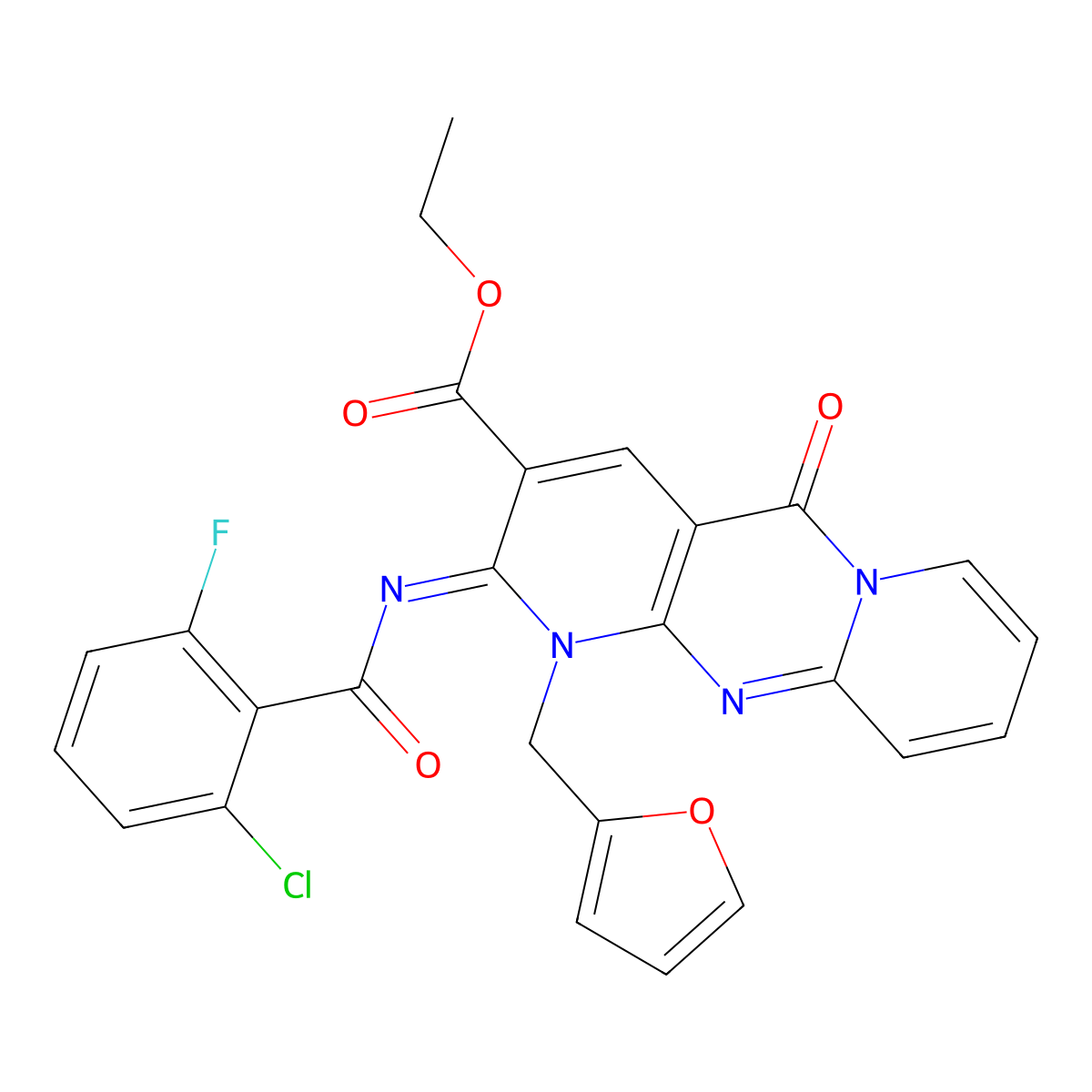 (Z)-ethyl 2-((2-chloro-6-fluorobenzoyl)imino)-1-(furan-2-ylmethyl)-5-oxo-2,5-dihydro-1H-dipyrido[1,2-a:2',3'-d]pyrimidine-3-carboxylate molecular structure, CAS 534580-34-2