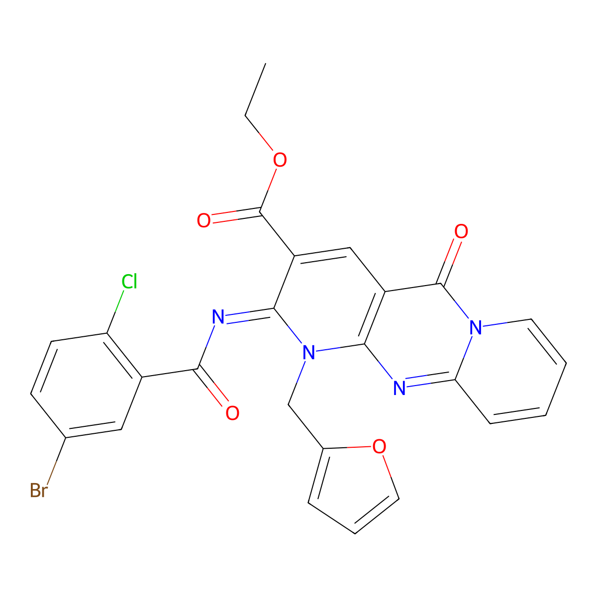 (Z)-ethyl 2-((5-bromo-2-chlorobenzoyl)imino)-1-(furan-2-ylmethyl)-5-oxo-2,5-dihydro-1H-dipyrido[1,2-a:2',3'-d]pyrimidine-3-carboxylate molecular structure, CAS 534580-35-3