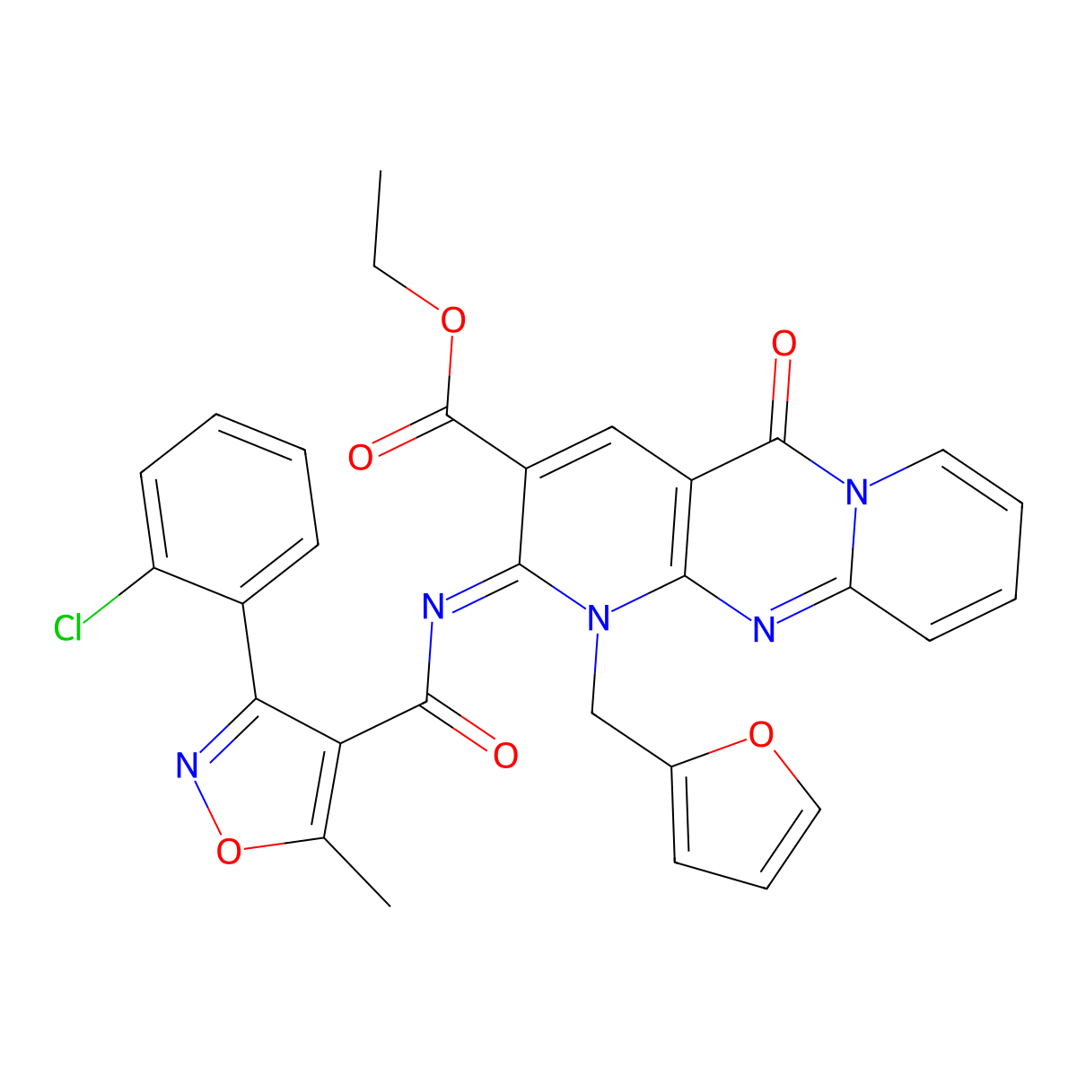 (Z)-ethyl 2-((3-(2-chlorophenyl)-5-methylisoxazole-4-carbonyl)imino)-1-(furan-2-ylmethyl)-5-oxo-2,5-dihydro-1H-dipyrido[1,2-a:2',3'-d]pyrimidine-3-carboxylate molecular structure, CAS 534580-39-7
