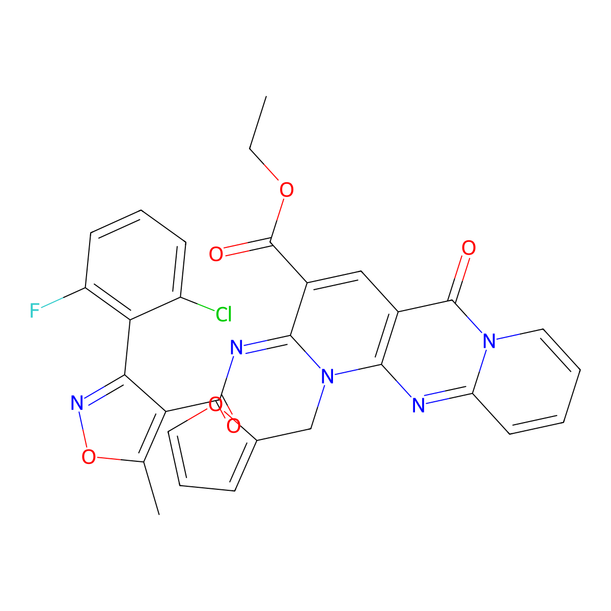 (Z)-ethyl 2-((3-(2-chloro-6-fluorophenyl)-5-methylisoxazole-4-carbonyl)imino)-1-(furan-2-ylmethyl)-5-oxo-2,5-dihydro-1H-dipyrido[1,2-a:2',3'-d]pyrimidine-3-carboxylate molecular structure, CAS 534580-40-0