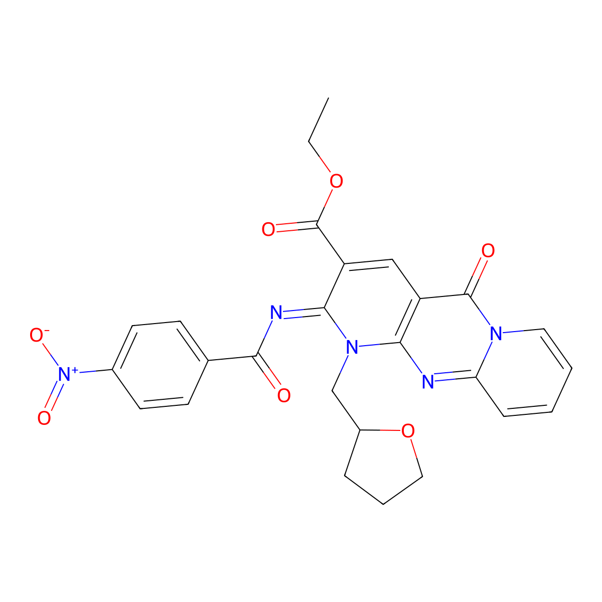 (Z)-ethyl 2-((4-nitrobenzoyl)imino)-5-oxo-1-((tetrahydrofuran-2-yl)methyl)-2,5-dihydro-1H-dipyrido[1,2-a:2',3'-d]pyrimidine-3-carboxylate molecular structure, CAS 534580-54-6