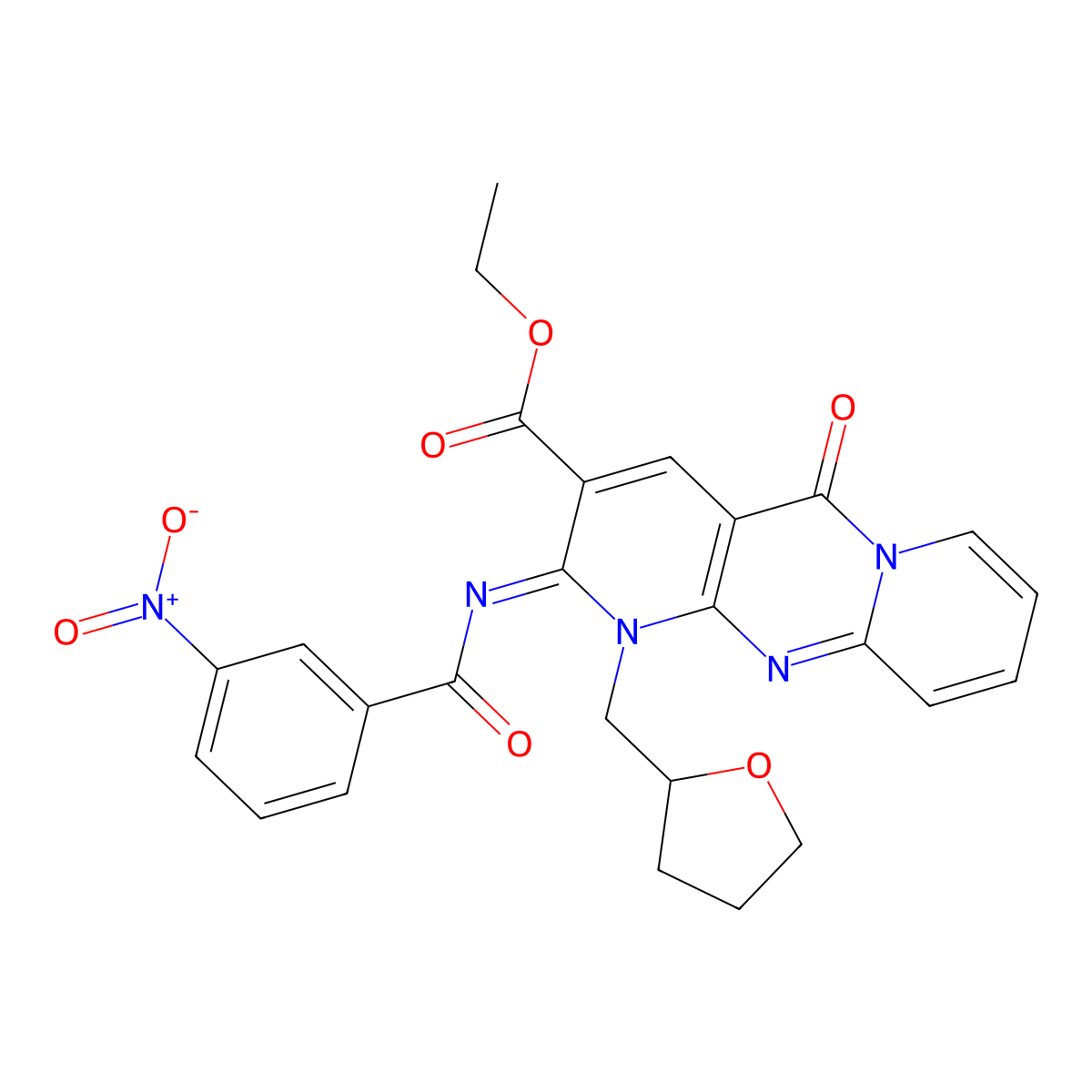 (Z)-ethyl 2-((3-nitrobenzoyl)imino)-5-oxo-1-((tetrahydrofuran-2-yl)methyl)-2,5-dihydro-1H-dipyrido[1,2-a:2',3'-d]pyrimidine-3-carboxylate molecular structure, CAS 534580-55-7