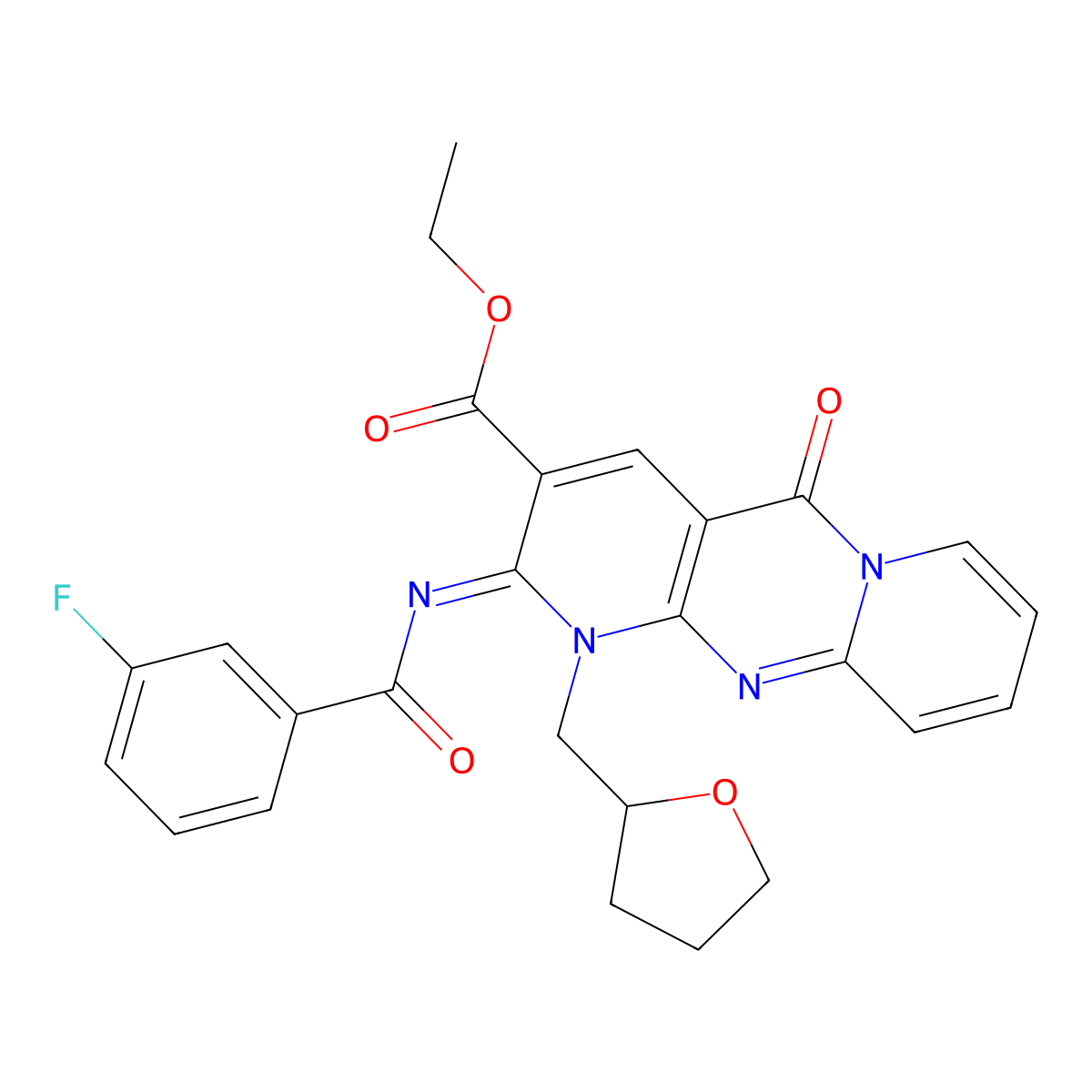 (Z)-ethyl 2-((3-fluorobenzoyl)imino)-5-oxo-1-((tetrahydrofuran-2-yl)methyl)-2,5-dihydro-1H-dipyrido[1,2-a:2',3'-d]pyrimidine-3-carboxylate molecular structure, CAS 534580-57-9