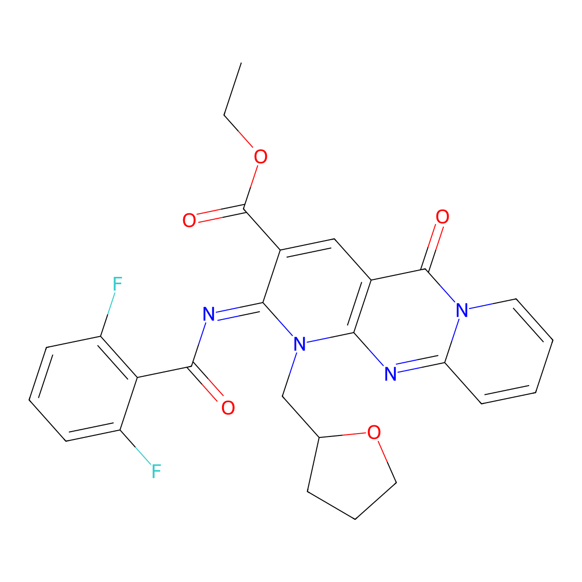 (Z)-ethyl 2-((2,6-difluorobenzoyl)imino)-5-oxo-1-((tetrahydrofuran-2-yl)methyl)-2,5-dihydro-1H-dipyrido[1,2-a:2',3'-d]pyrimidine-3-carboxylate molecular structure, CAS 534580-80-8