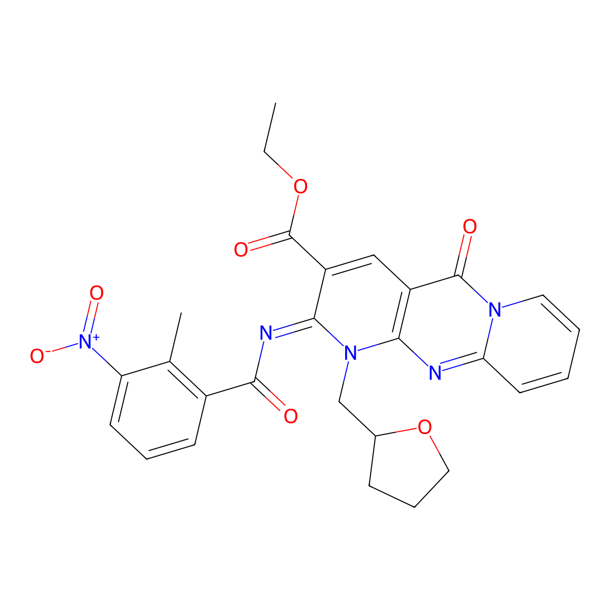 (Z)-ethyl 2-((2-methyl-3-nitrobenzoyl)imino)-5-oxo-1-((tetrahydrofuran-2-yl)methyl)-2,5-dihydro-1H-dipyrido[1,2-a:2',3'-d]pyrimidine-3-carboxylate molecular structure, CAS 534580-82-0