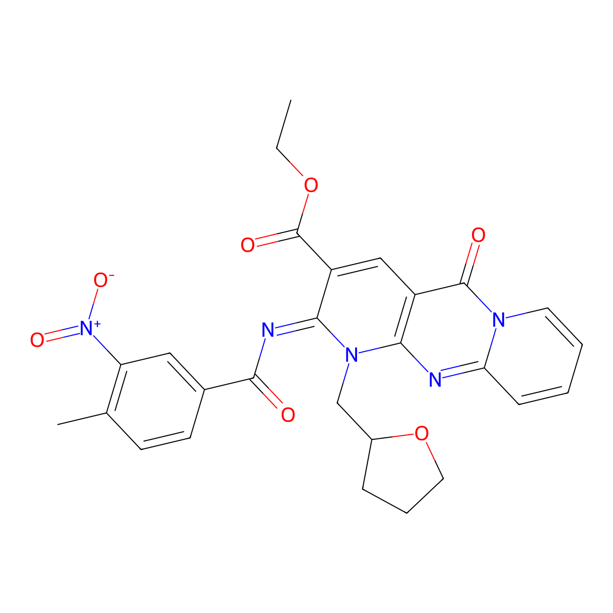 (Z)-ethyl 2-((4-methyl-3-nitrobenzoyl)imino)-5-oxo-1-((tetrahydrofuran-2-yl)methyl)-2,5-dihydro-1H-dipyrido[1,2-a:2',3'-d]pyrimidine-3-carboxylate molecular structure, CAS 534580-83-1