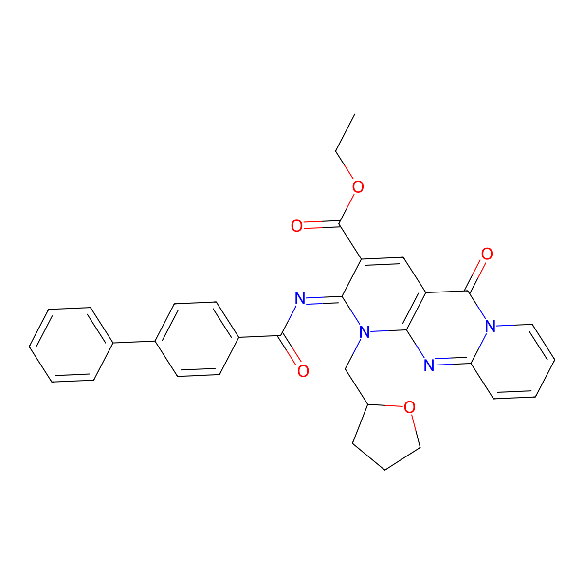 (Z)-ethyl 2-(([1,1'-biphenyl]-4-carbonyl)imino)-5-oxo-1-((tetrahydrofuran-2-yl)methyl)-2,5-dihydro-1H-dipyrido[1,2-a:2',3'-d]pyrimidine-3-carboxylate molecular structure, CAS 534580-92-2