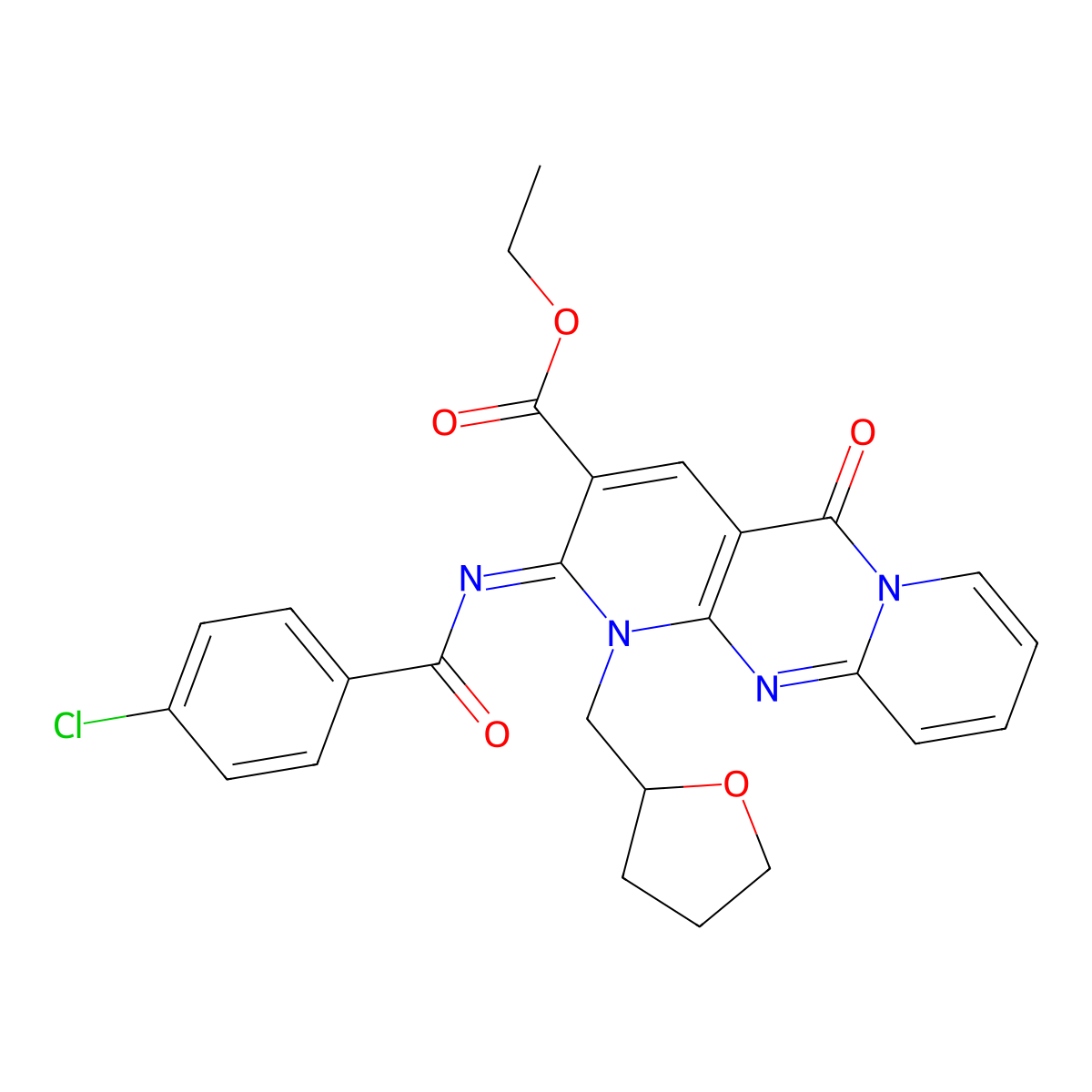 ethyl (6Z)-6-[(4-chlorobenzoyl)imino]-2-oxo-7-[(oxolan-2-yl)methyl]-1,7,9-triazatricyclo[8.4.0.0^{3,8}]tetradeca-3(8),4,9,11,13-pentaene-5-carboxylate molecular structure, CAS 534580-97-7