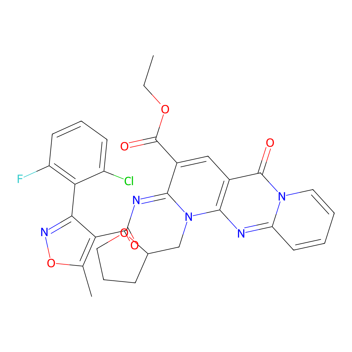 (Z)-ethyl 2-((3-(2-chloro-6-fluorophenyl)-5-methylisoxazole-4-carbonyl)imino)-5-oxo-1-((tetrahydrofuran-2-yl)methyl)-2,5-dihydro-1H-dipyrido[1,2-a:2',3'-d]pyrimidine-3-carboxylate molecular structure, CAS 534581-08-3