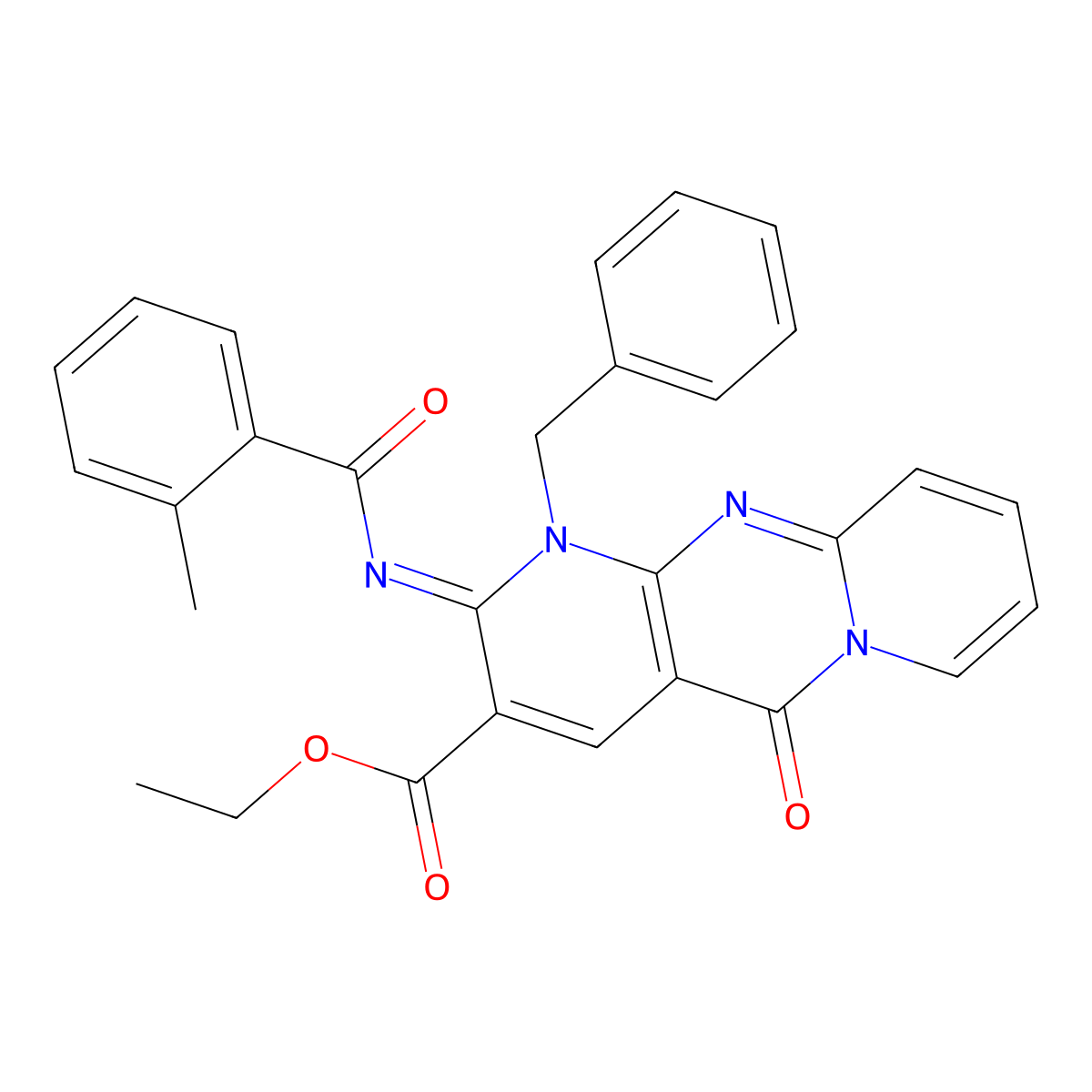 (Z)-ethyl 1-benzyl-2-((2-methylbenzoyl)imino)-5-oxo-2,5-dihydro-1H-dipyrido[1,2-a:2',3'-d]pyrimidine-3-carboxylate molecular structure, CAS 534581-24-3