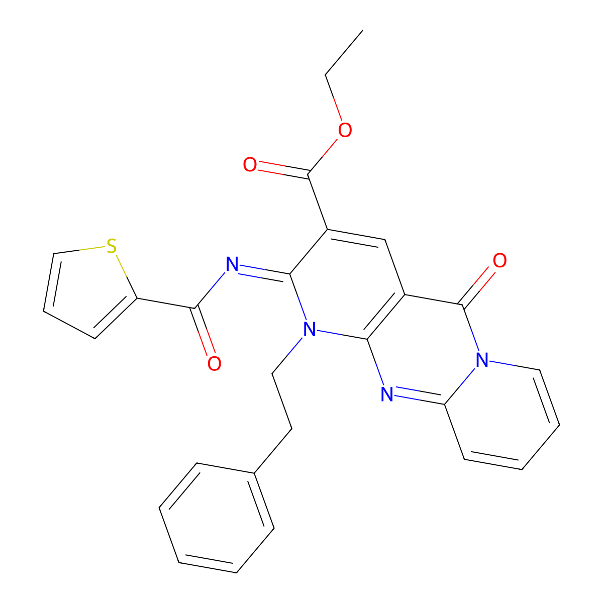 (Z)-ethyl 5-oxo-1-phenethyl-2-((thiophene-2-carbonyl)imino)-2,5-dihydro-1H-dipyrido[1,2-a:2',3'-d]pyrimidine-3-carboxylate molecular structure, CAS 534585-84-7