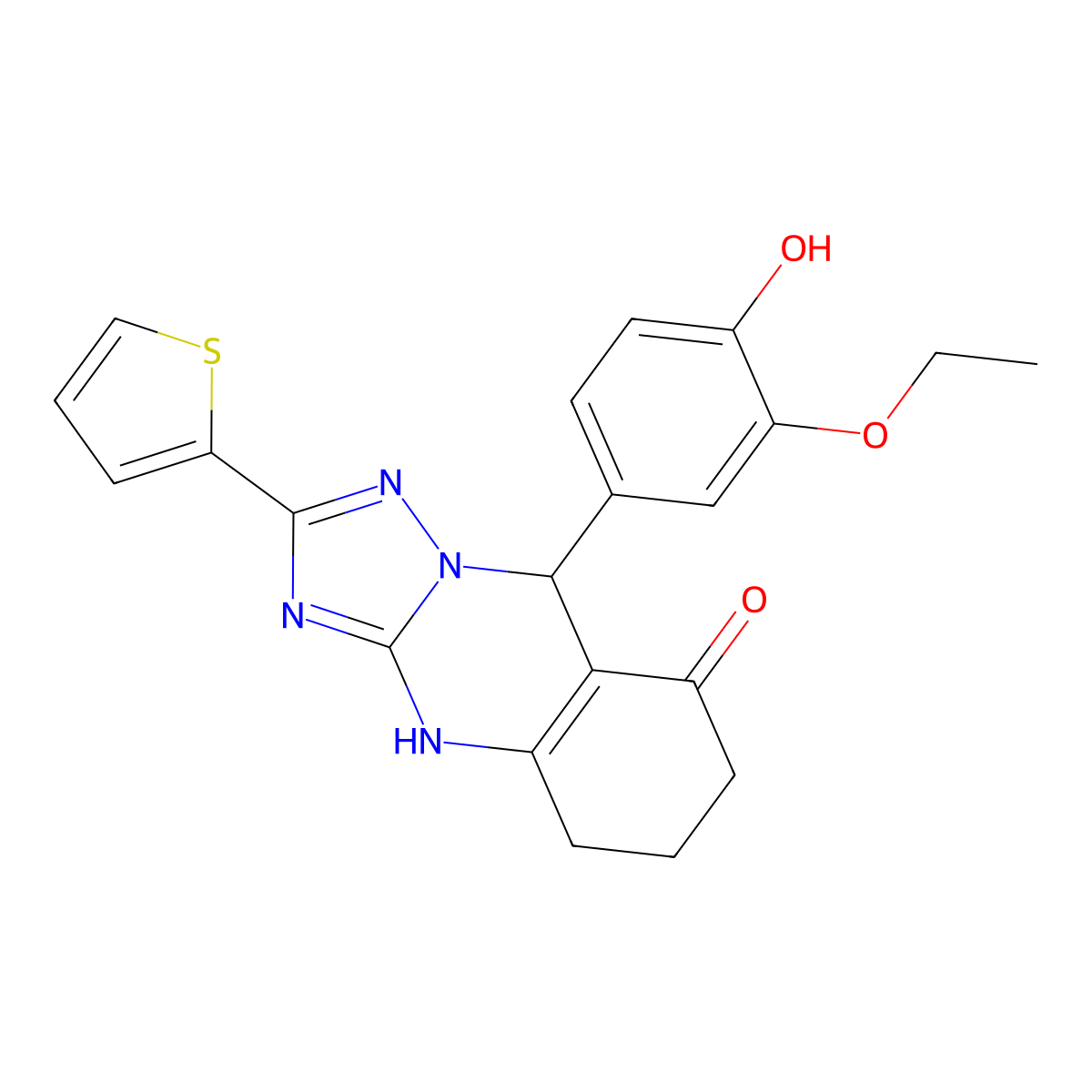 9-(3-ethoxy-4-hydroxyphenyl)-2-(thiophen-2-yl)-5,6,7,9-tetrahydro-[1,2,4]triazolo[5,1-b]quinazolin-8(4H)-one molecular structure, CAS 534590-15-3