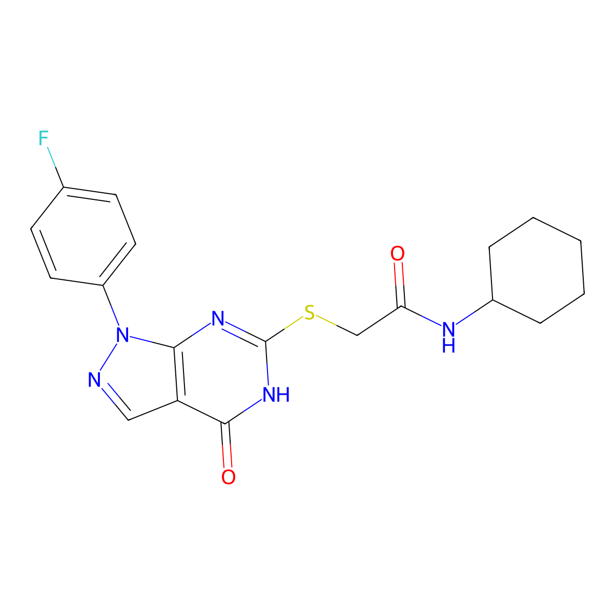 N-cyclohexyl-2-((1-(4-fluorophenyl)-4-oxo-4,5-dihydro-1H-pyrazolo[3,4-d]pyrimidin-6-yl)thio)acetamide molecular structure, CAS 534592-45-5