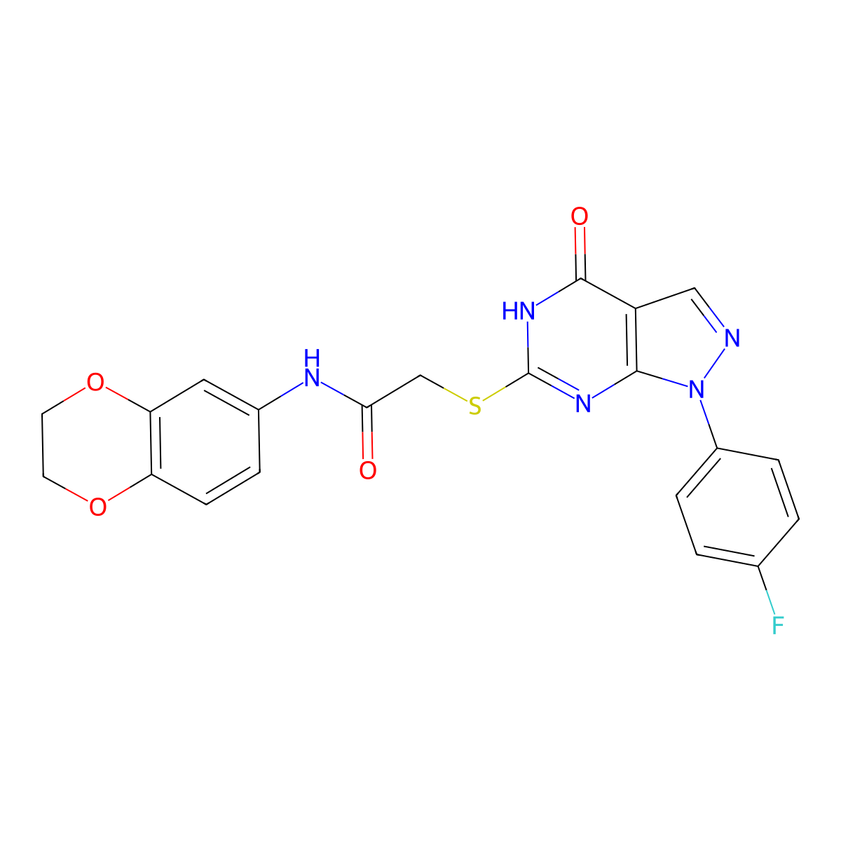 N-(2,3-dihydrobenzo[b][1,4]dioxin-6-yl)-2-((1-(4-fluorophenyl)-4-oxo-4,5-dihydro-1H-pyrazolo[3,4-d]pyrimidin-6-yl)thio)acetamide molecular structure, CAS 534593-06-1