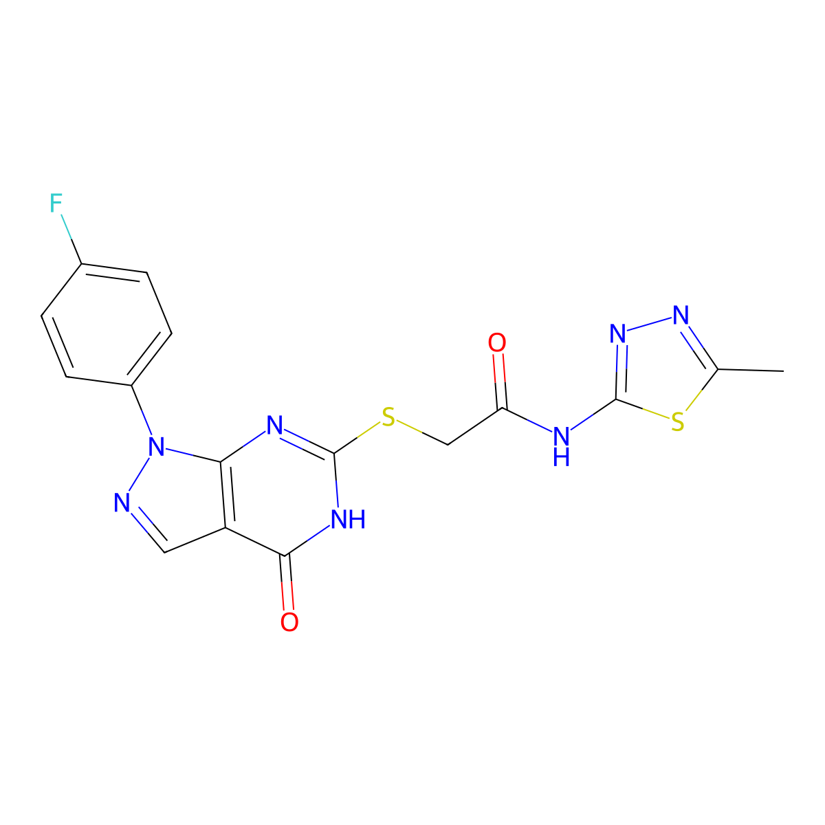 2-((1-(4-fluorophenyl)-4-oxo-4,5-dihydro-1H-pyrazolo[3,4-d]pyrimidin-6-yl)thio)-N-(5-methyl-1,3,4-thiadiazol-2-yl)acetamide molecular structure, CAS 534593-32-3