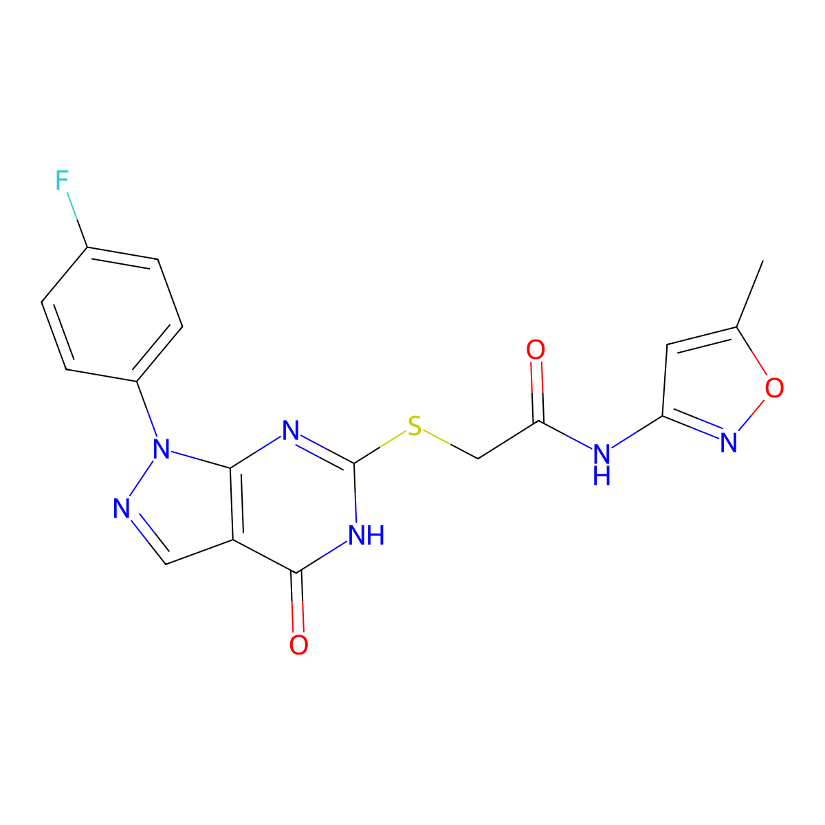 2-((1-(4-fluorophenyl)-4-oxo-4,5-dihydro-1H-pyrazolo[3,4-d]pyrimidin-6-yl)thio)-N-(5-methylisoxazol-3-yl)acetamide molecular structure, CAS 534593-35-6