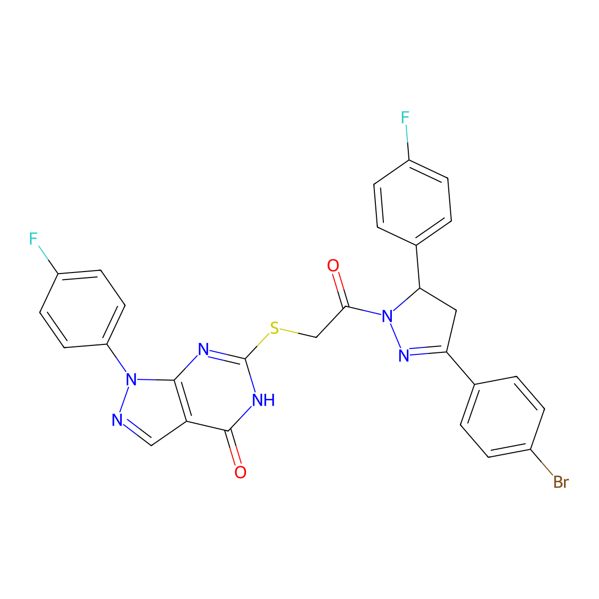 6-((2-(3-(4-bromophenyl)-5-(4-fluorophenyl)-4,5-dihydro-1H-pyrazol-1-yl)-2-oxoethyl)thio)-1-(4-fluorophenyl)-1H-pyrazolo[3,4-d]pyrimidin-4(5H)-one molecular structure, CAS 534593-38-9