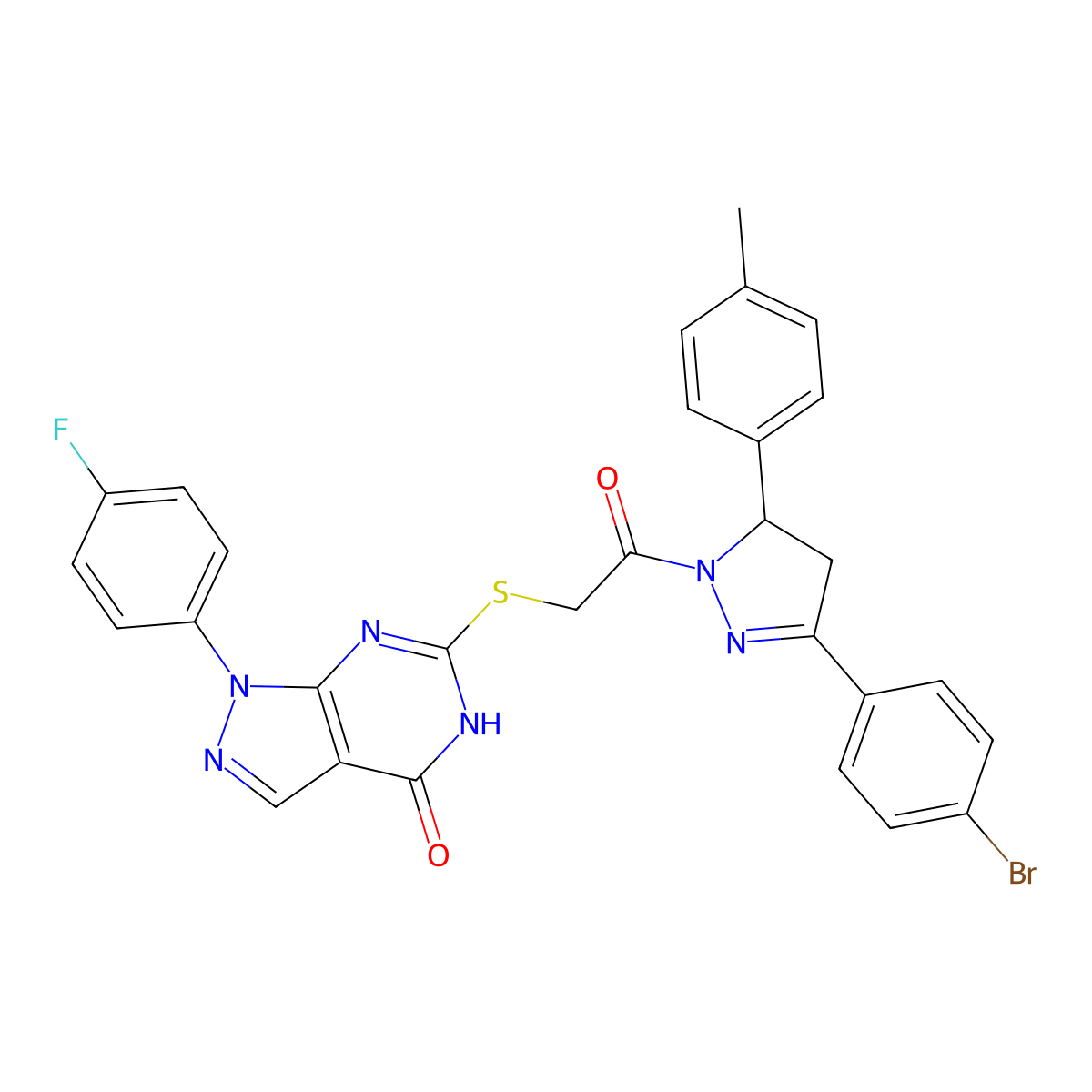 6-((2-(3-(4-bromophenyl)-5-(p-tolyl)-4,5-dihydro-1H-pyrazol-1-yl)-2-oxoethyl)thio)-1-(4-fluorophenyl)-1H-pyrazolo[3,4-d]pyrimidin-4(5H)-one molecular structure, CAS 534593-41-4