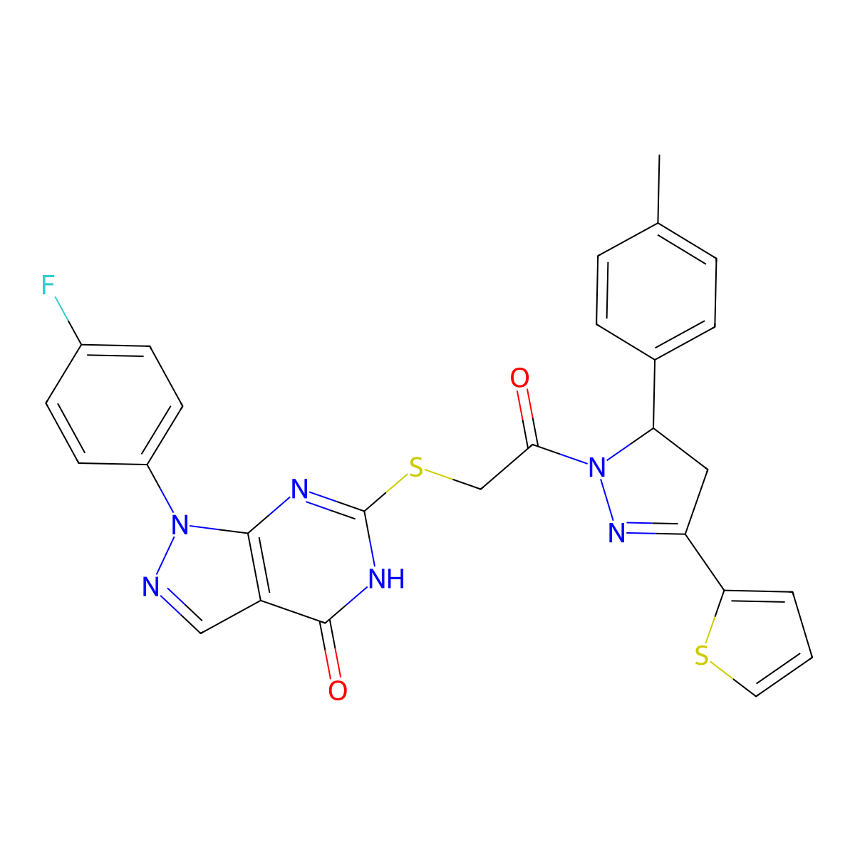1-(4-fluorophenyl)-6-({2-[5-(4-methylphenyl)-3-(thiophen-2-yl)-4,5-dihydro-1H-pyrazol-1-yl]-2-oxoethyl}sulfanyl)-1H,4H,5H-pyrazolo[3,4-d]pyrimidin-4-one molecular structure, CAS 534593-50-5