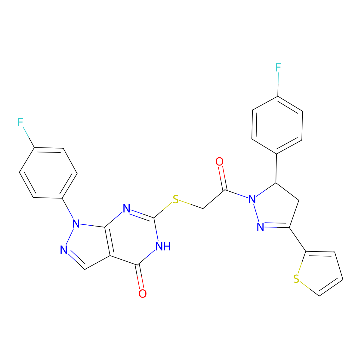 1-(4-fluorophenyl)-6-((2-(5-(4-fluorophenyl)-3-(thiophen-2-yl)-4,5-dihydro-1H-pyrazol-1-yl)-2-oxoethyl)thio)-1H-pyrazolo[3,4-d]pyrimidin-4(5H)-one molecular structure, CAS 534593-53-8