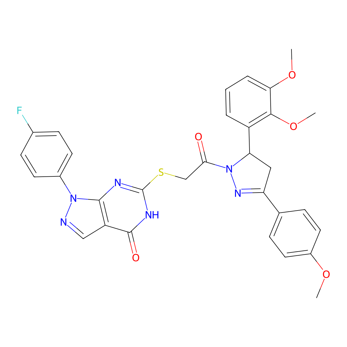 6-((2-(5-(2,3-dimethoxyphenyl)-3-(4-methoxyphenyl)-4,5-dihydro-1H-pyrazol-1-yl)-2-oxoethyl)thio)-1-(4-fluorophenyl)-1H-pyrazolo[3,4-d]pyrimidin-4(5H)-one molecular structure, CAS 534593-65-2