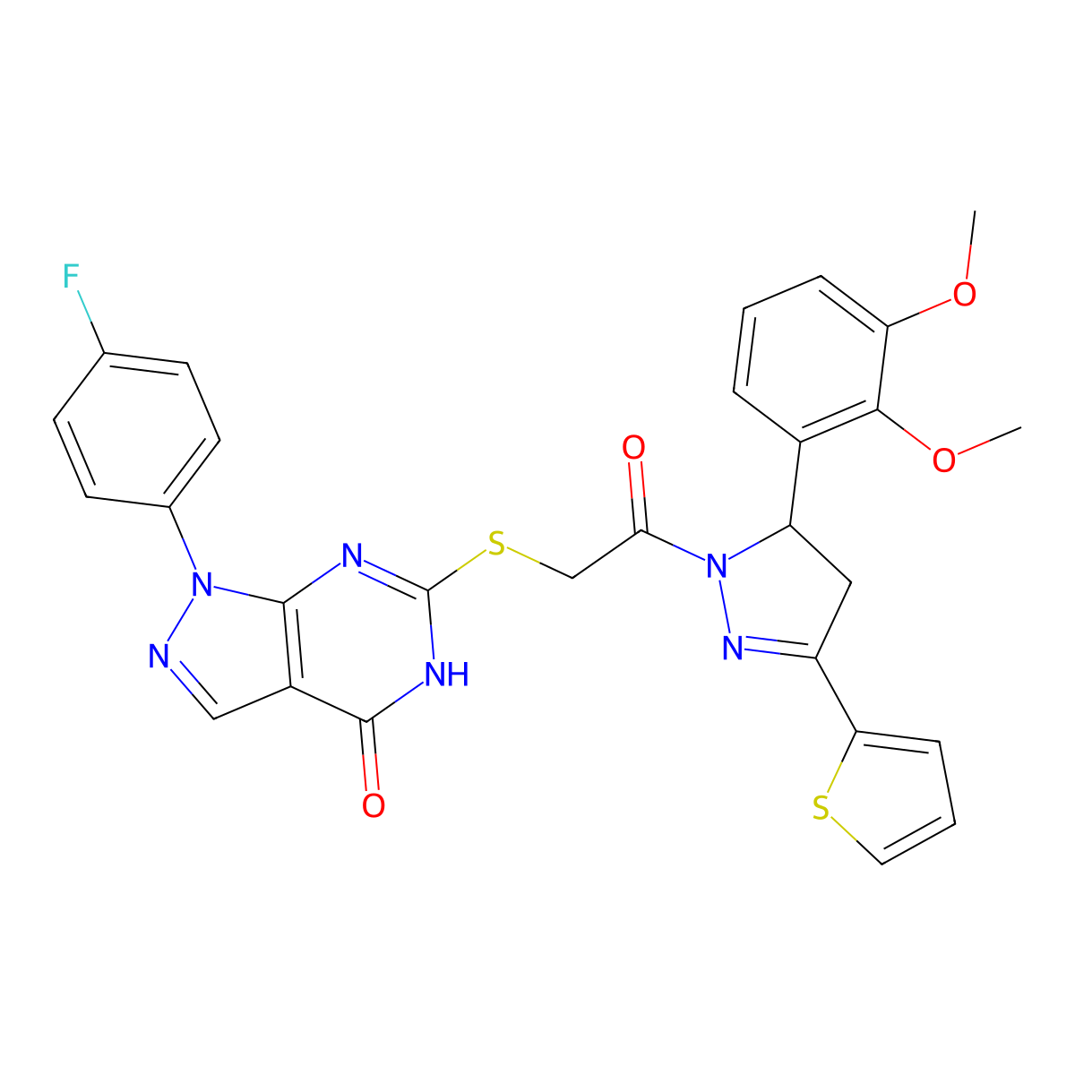 6-[2-[3-(2,3-dimethoxyphenyl)-5-thiophen-2-yl-3,4-dihydropyrazol-2-yl]-2-oxoethyl]sulfanyl-1-(4-fluorophenyl)-2H-pyrazolo[3,4-d]pyrimidin-4-one molecular structure, CAS 534593-71-0