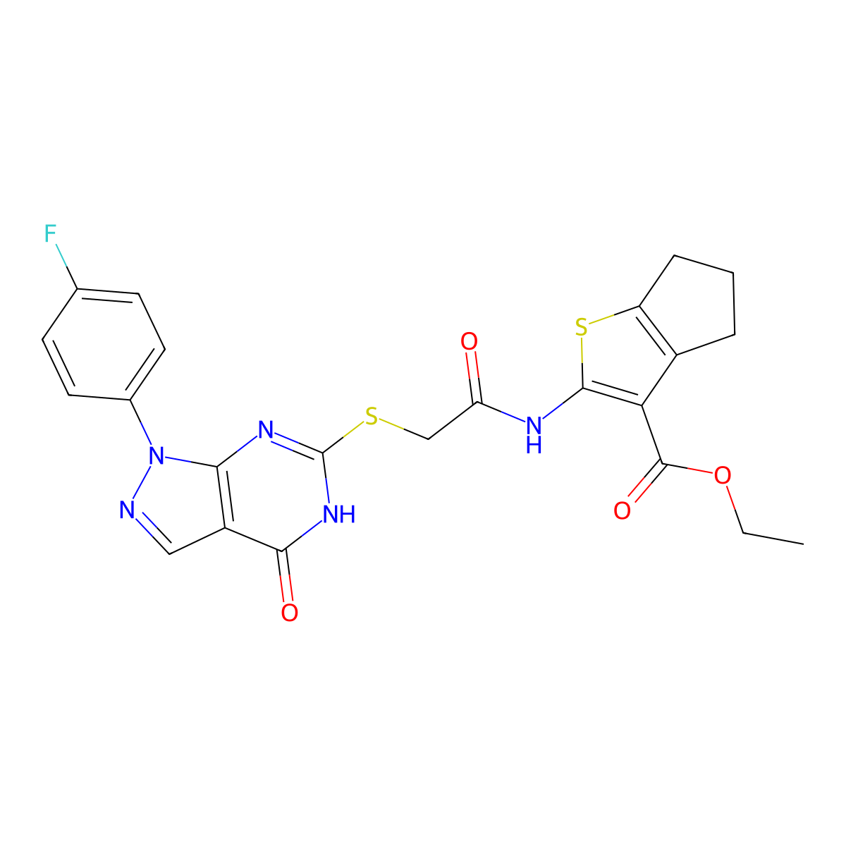 ethyl 2-(2-((1-(4-fluorophenyl)-4-oxo-4,5-dihydro-1H-pyrazolo[3,4-d]pyrimidin-6-yl)thio)acetamido)-5,6-dihydro-4H-cyclopenta[b]thiophene-3-carboxylate molecular structure, CAS 534593-80-1