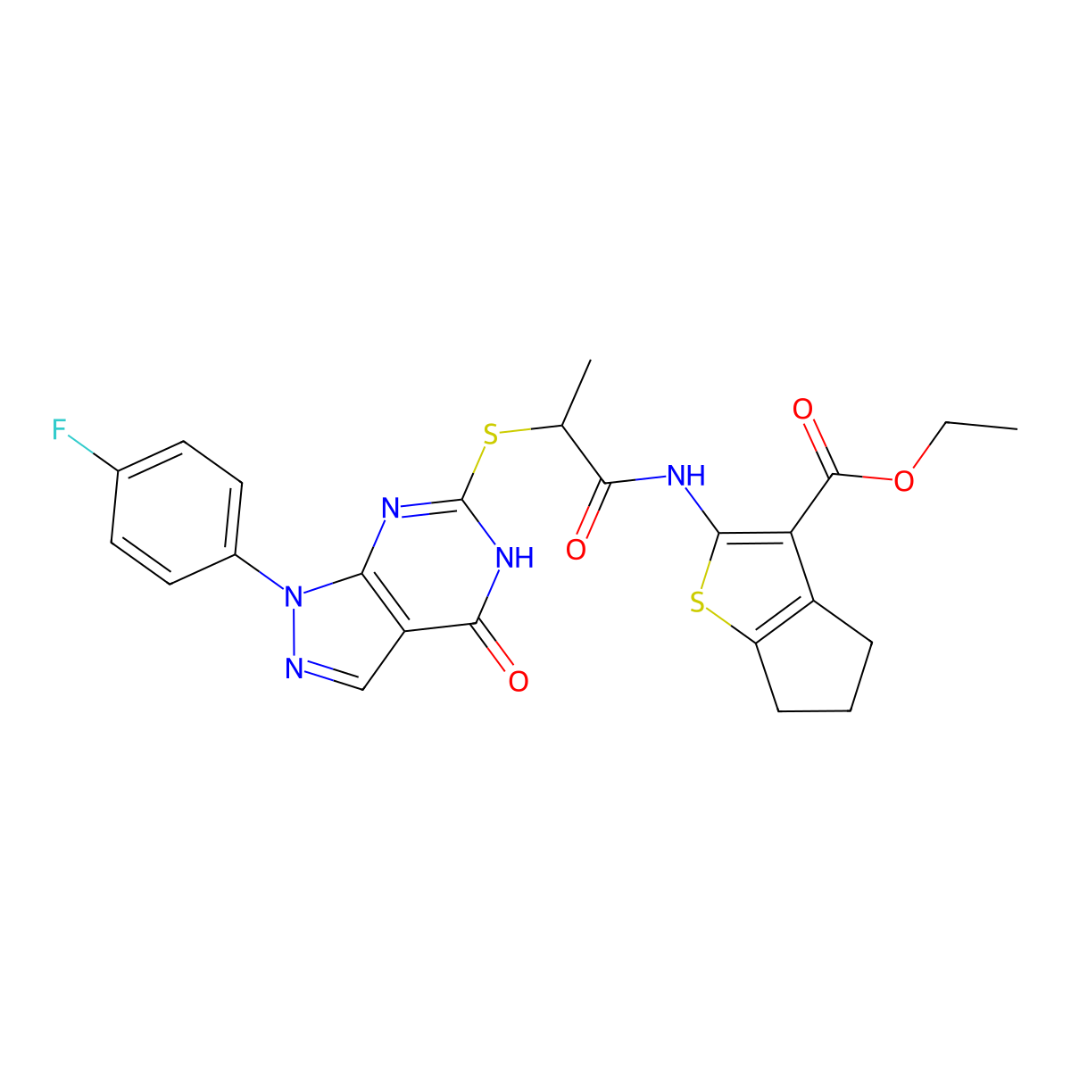 ethyl 2-(2-((1-(4-fluorophenyl)-4-oxo-4,5-dihydro-1H-pyrazolo[3,4-d]pyrimidin-6-yl)thio)propanamido)-5,6-dihydro-4H-cyclopenta[b]thiophene-3-carboxylate molecular structure, CAS 534593-83-4
