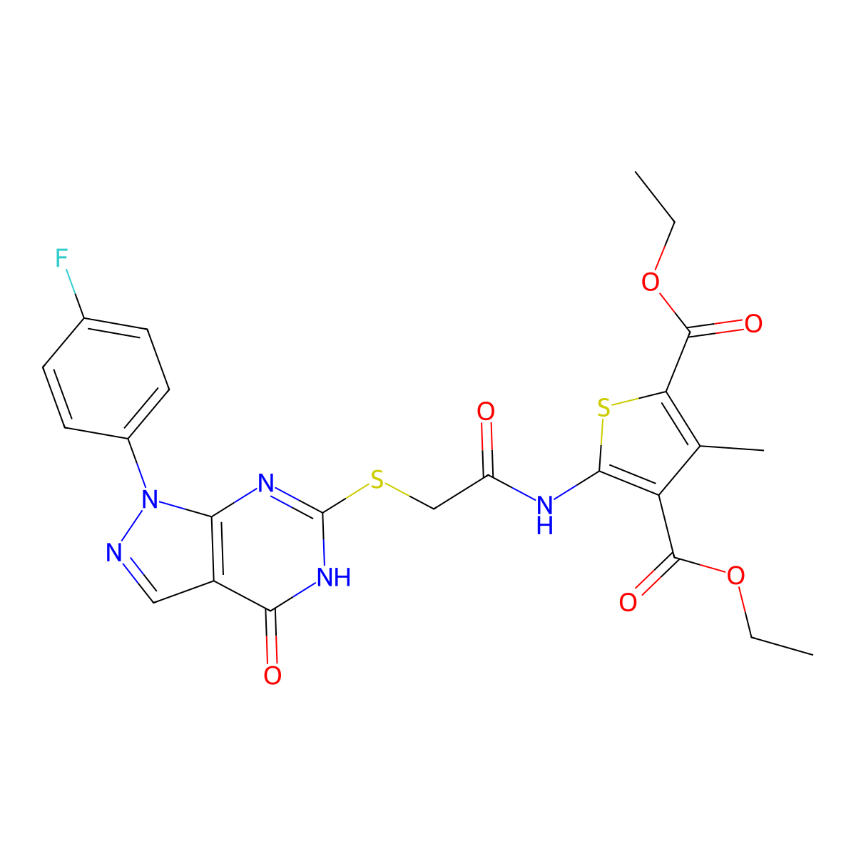 diethyl 5-(2-((1-(4-fluorophenyl)-4-oxo-4,5-dihydro-1H-pyrazolo[3,4-d]pyrimidin-6-yl)thio)acetamido)-3-methylthiophene-2,4-dicarboxylate molecular structure, CAS 534593-89-0