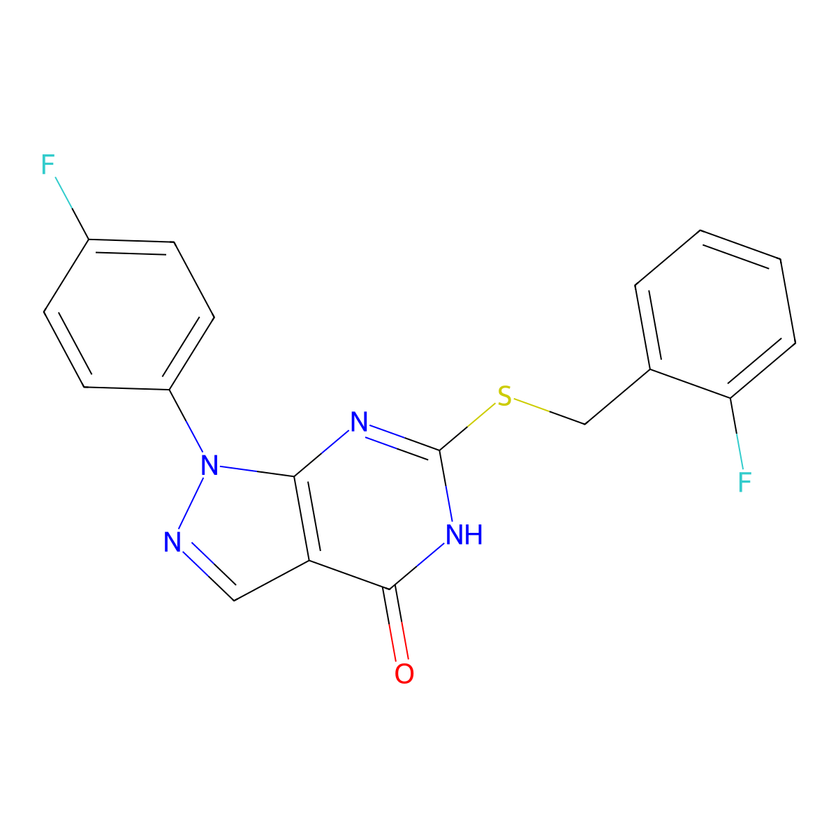 6-((2-fluorobenzyl)thio)-1-(4-fluorophenyl)-1H-pyrazolo[3,4-d]pyrimidin-4(5H)-one molecular structure, CAS 534593-97-0