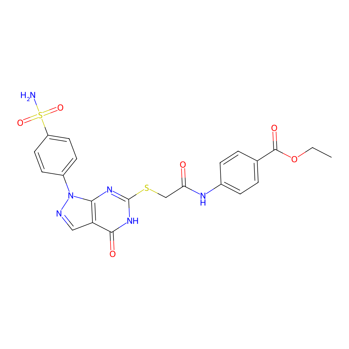 ethyl 4-(2-((4-oxo-1-(4-sulfamoylphenyl)-4,5-dihydro-1H-pyrazolo[3,4-d]pyrimidin-6-yl)thio)acetamido)benzoate molecular structure, CAS 534596-67-3