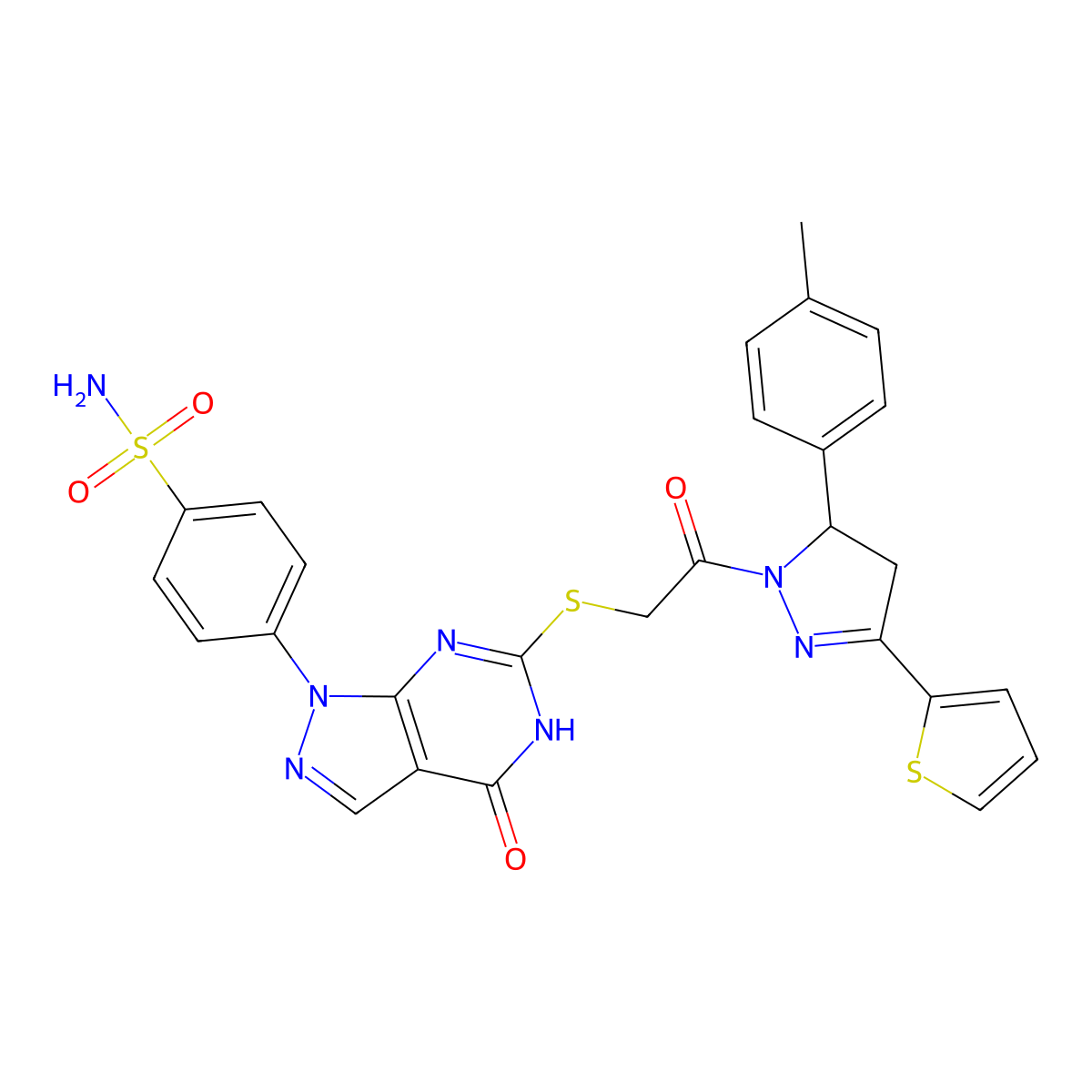 4-(4-oxo-6-((2-oxo-2-(3-(thiophen-2-yl)-5-(p-tolyl)-4,5-dihydro-1H-pyrazol-1-yl)ethyl)thio)-4,5-dihydro-1H-pyrazolo[3,4-d]pyrimidin-1-yl)benzenesulfonamide molecular structure, CAS 534596-87-7