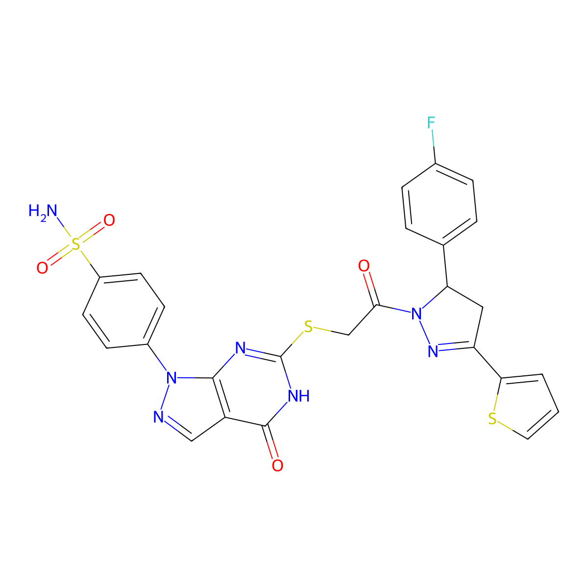 4-(6-((2-(5-(4-fluorophenyl)-3-(thiophen-2-yl)-4,5-dihydro-1H-pyrazol-1-yl)-2-oxoethyl)thio)-4-oxo-4,5-dihydro-1H-pyrazolo[3,4-d]pyrimidin-1-yl)benzenesulfonamide molecular structure, CAS 534596-88-8