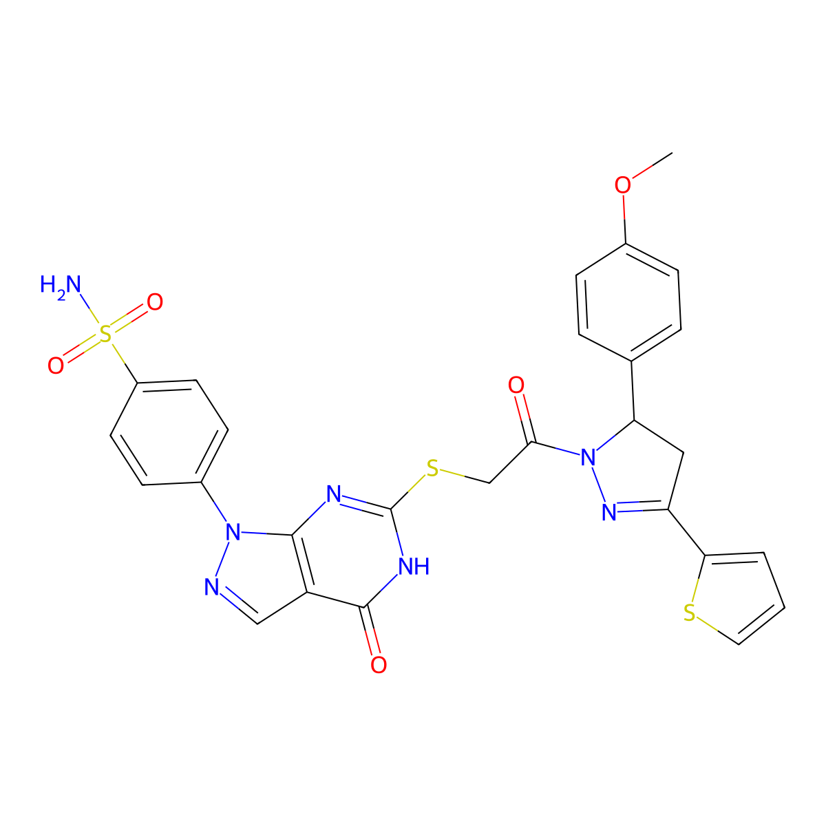4-(6-((2-(5-(4-methoxyphenyl)-3-(thiophen-2-yl)-4,5-dihydro-1H-pyrazol-1-yl)-2-oxoethyl)thio)-4-oxo-4,5-dihydro-1H-pyrazolo[3,4-d]pyrimidin-1-yl)benzenesulfonamide molecular structure, CAS 534596-89-9