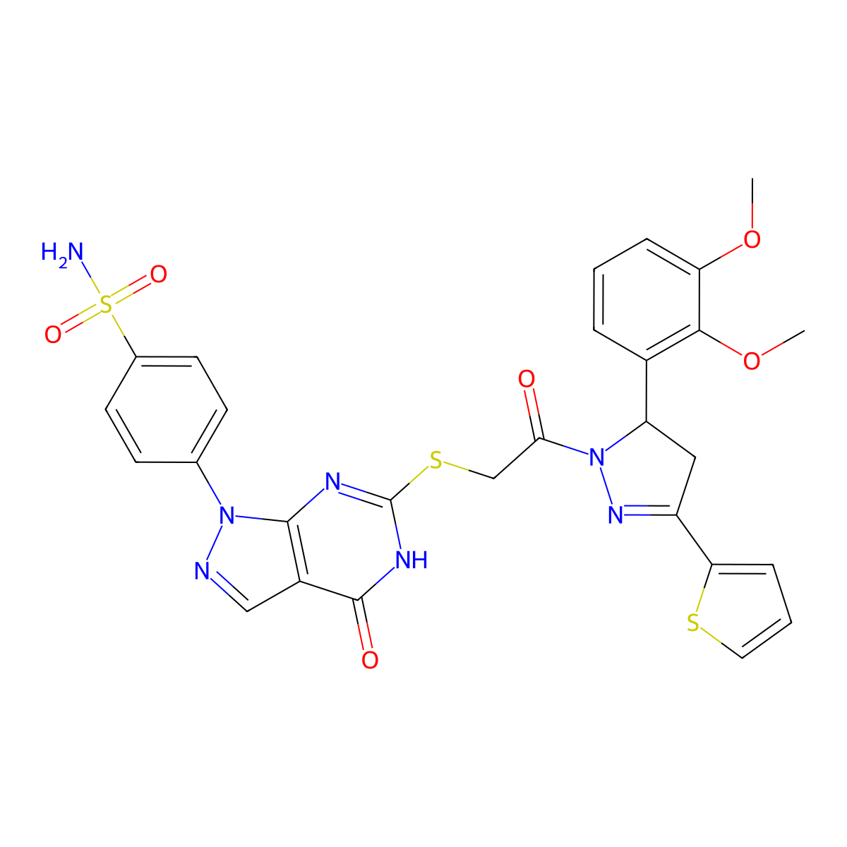 4-(6-((2-(5-(2,3-dimethoxyphenyl)-3-(thiophen-2-yl)-4,5-dihydro-1H-pyrazol-1-yl)-2-oxoethyl)thio)-4-oxo-4,5-dihydro-1H-pyrazolo[3,4-d]pyrimidin-1-yl)benzenesulfonamide molecular structure, CAS 534596-94-6