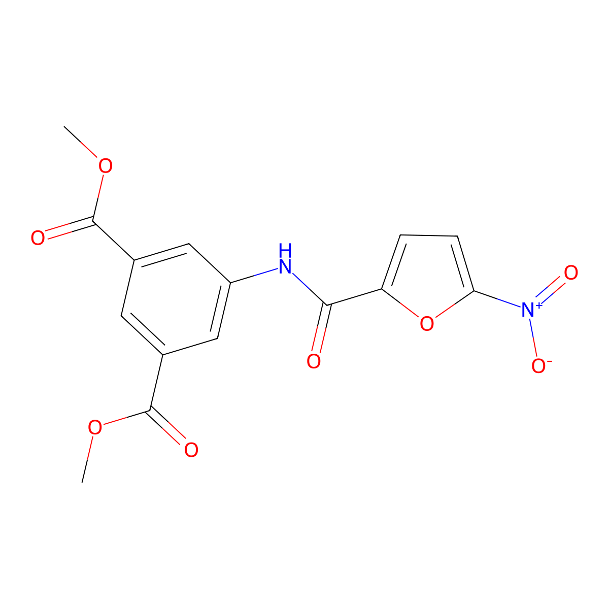 Dimethyl 5-[(5-nitrofuran-2-carbonyl)amino]benzene-1,3-dicarboxylate molecular structure, CAS 5348-81-2