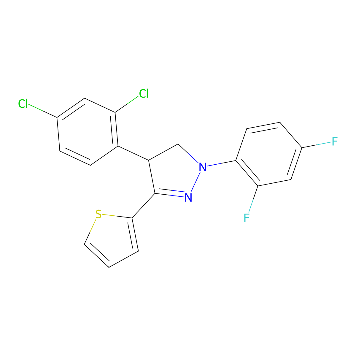 4-(2,4-Dichlorophenyl)-1-(2,4-difluorophenyl)-3-thiophen-2-yl-4,5-dihydropyrazole molecular structure, CAS 5349-97-3