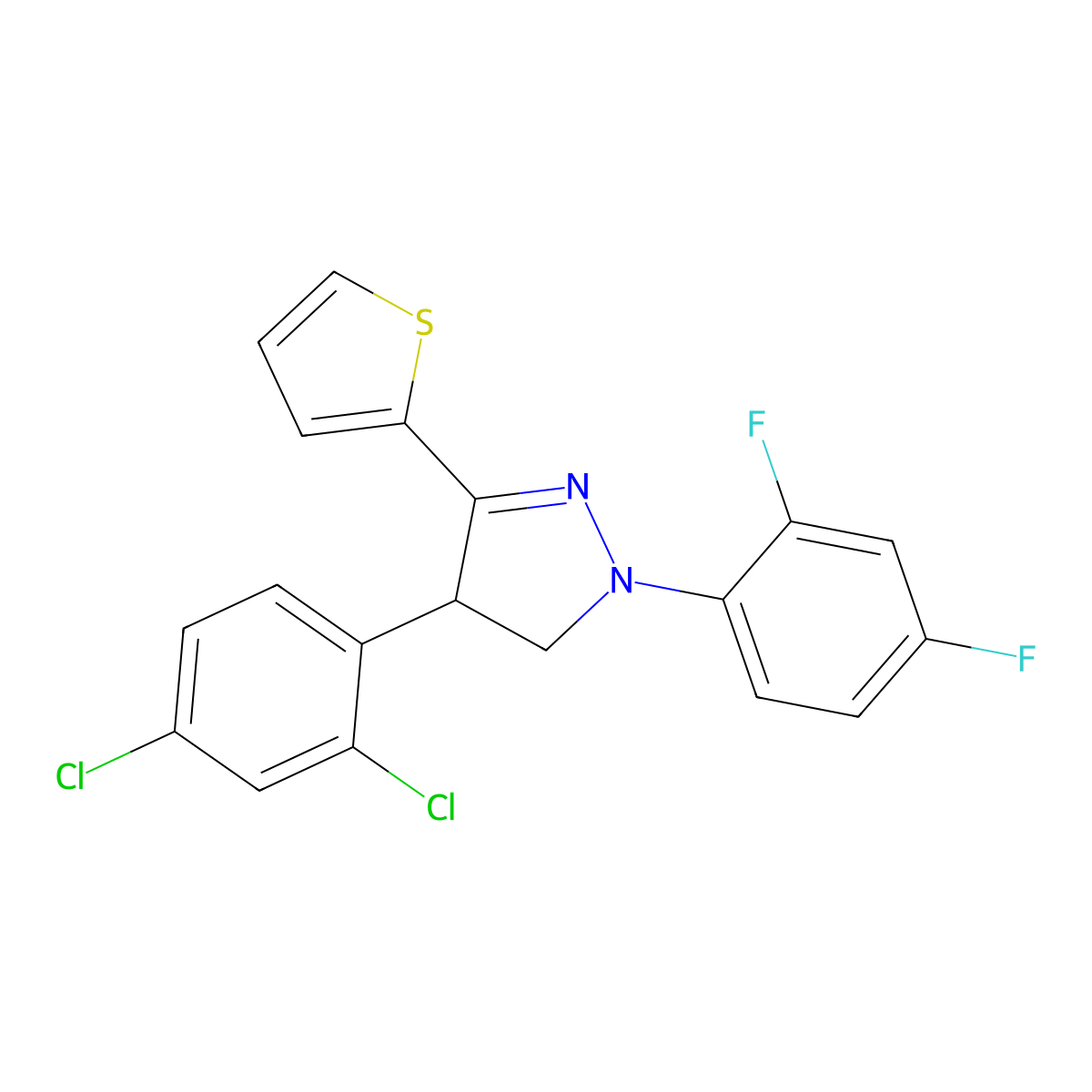 4-(2,4-Dichlorophenyl)-1-(2,4-difluorophenyl)-3-thiophen-2-yl-4,5-dihydropyrazole molecular structure, CAS 5349-97-3