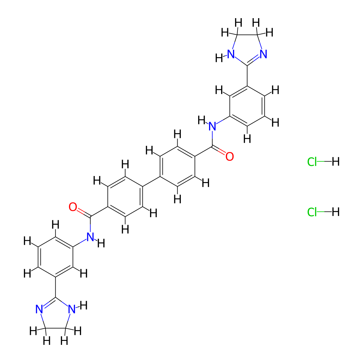 N-[3-(4,5-dihydro-1H-imidazol-2-yl)phenyl]-4-[4-[[3-(4,5-dihydro-1H-imidazol-2-yl)phenyl]carbamoyl]phenyl]benzamide;dihydrochloride molecular structure, CAS 5352-53-4