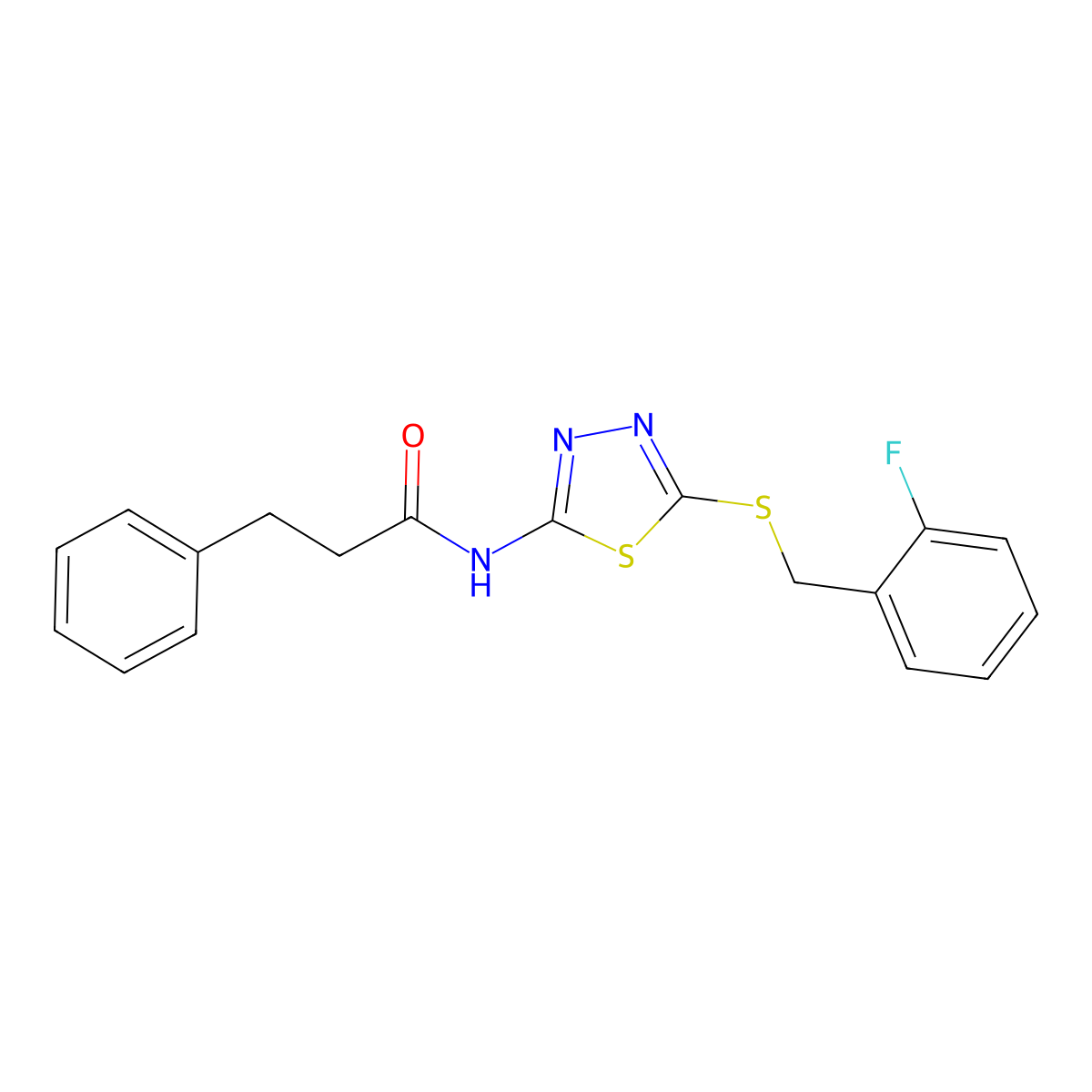 N-(5-((2-fluorobenzyl)thio)-1,3,4-thiadiazol-2-yl)-3-phenylpropanamide molecular structure, CAS 535945-91-6