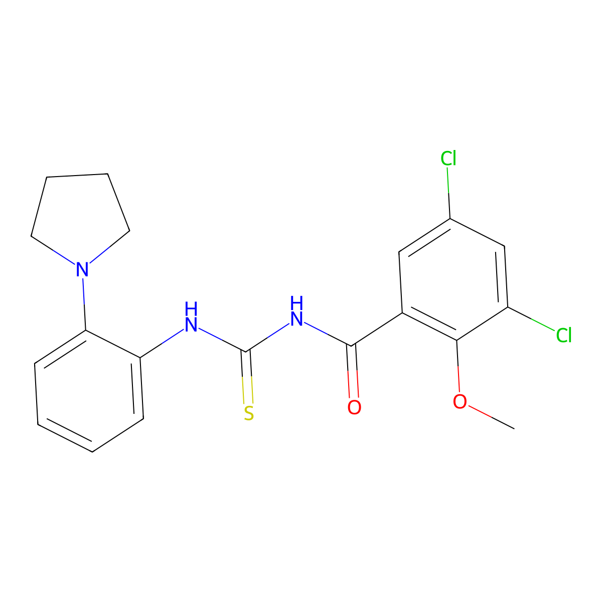 3,5-dichloro-2-methoxy-N-[(2-pyrrolidin-1-ylphenyl)carbamothioyl]benzamide molecular structure, CAS 535964-73-9