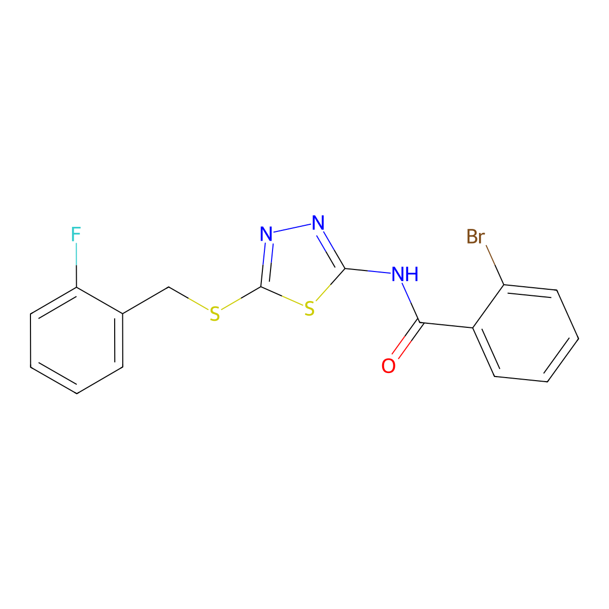 2-bromo-N-[5-[(2-fluorophenyl)methylsulfanyl]-1,3,4-thiadiazol-2-yl]benzamide molecular structure, CAS 535979-40-9