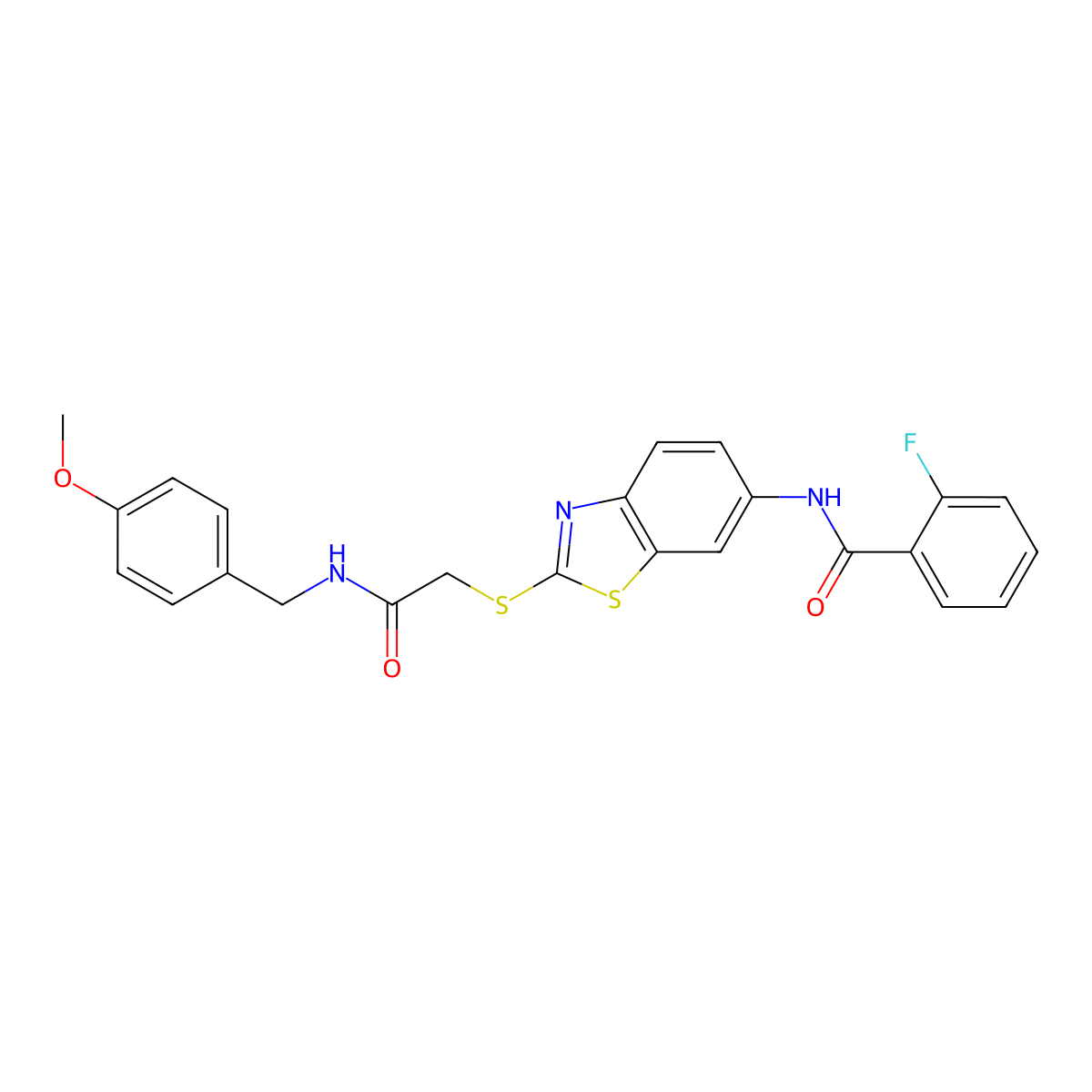 2-fluoro-N-[2-[2-[(4-methoxyphenyl)methylamino]-2-oxoethyl]sulfanyl-1,3-benzothiazol-6-yl]benzamide molecular structure, CAS 535980-34-8