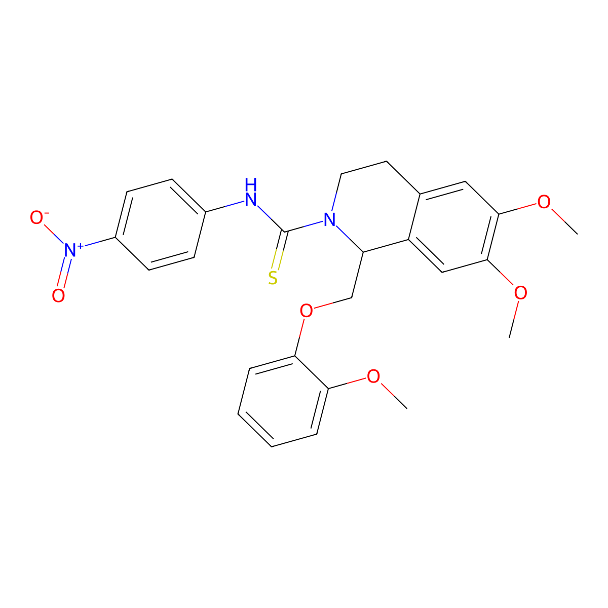 6,7-dimethoxy-1-((2-methoxyphenoxy)methyl)-N-(4-nitrophenyl)-3,4-dihydroisoquinoline-2(1H)-carbothioamide molecular structure, CAS 536699-43-1